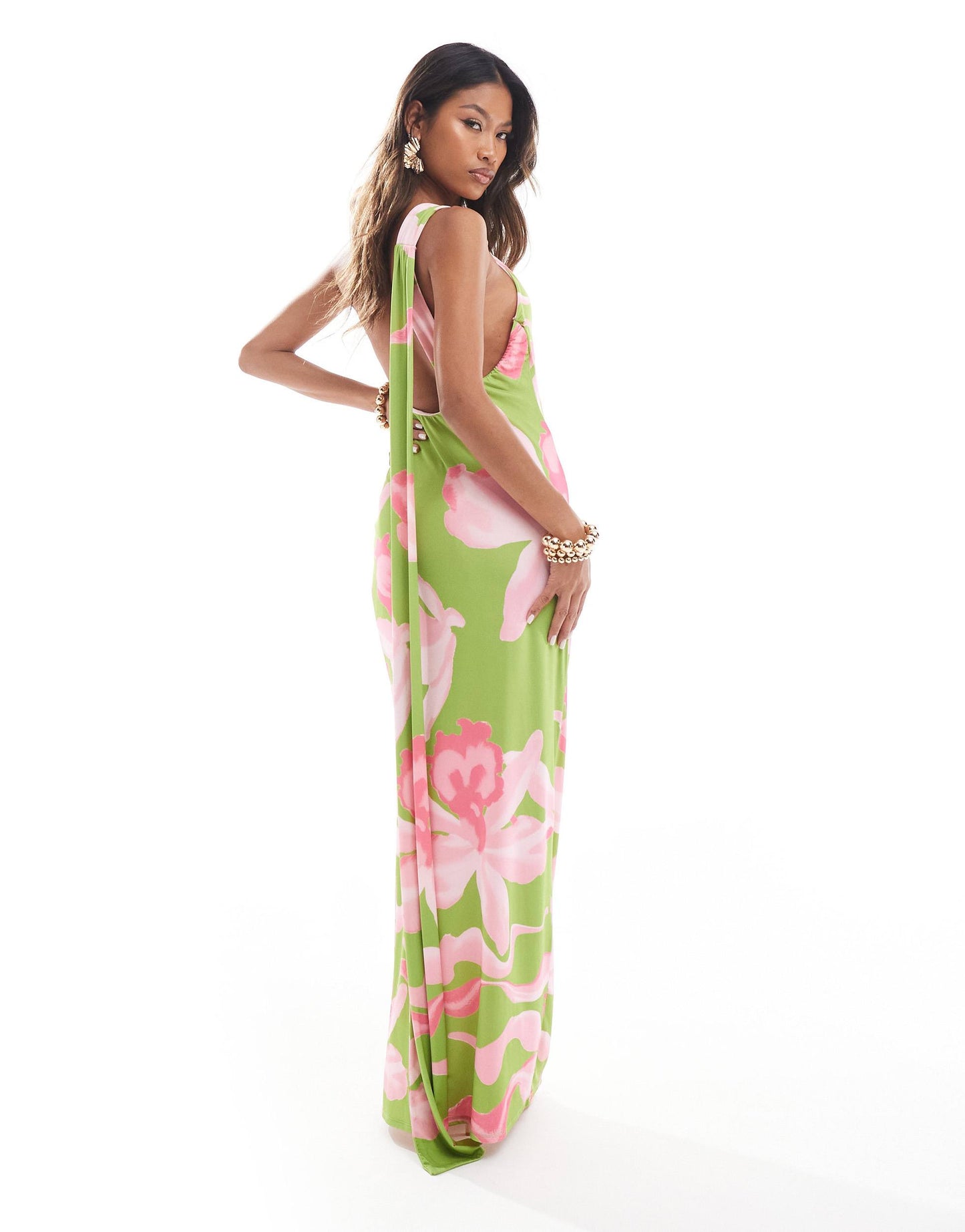 ASOS DESIGN one shoulder knot maxi dress with scarf back detail in oversized green floral print