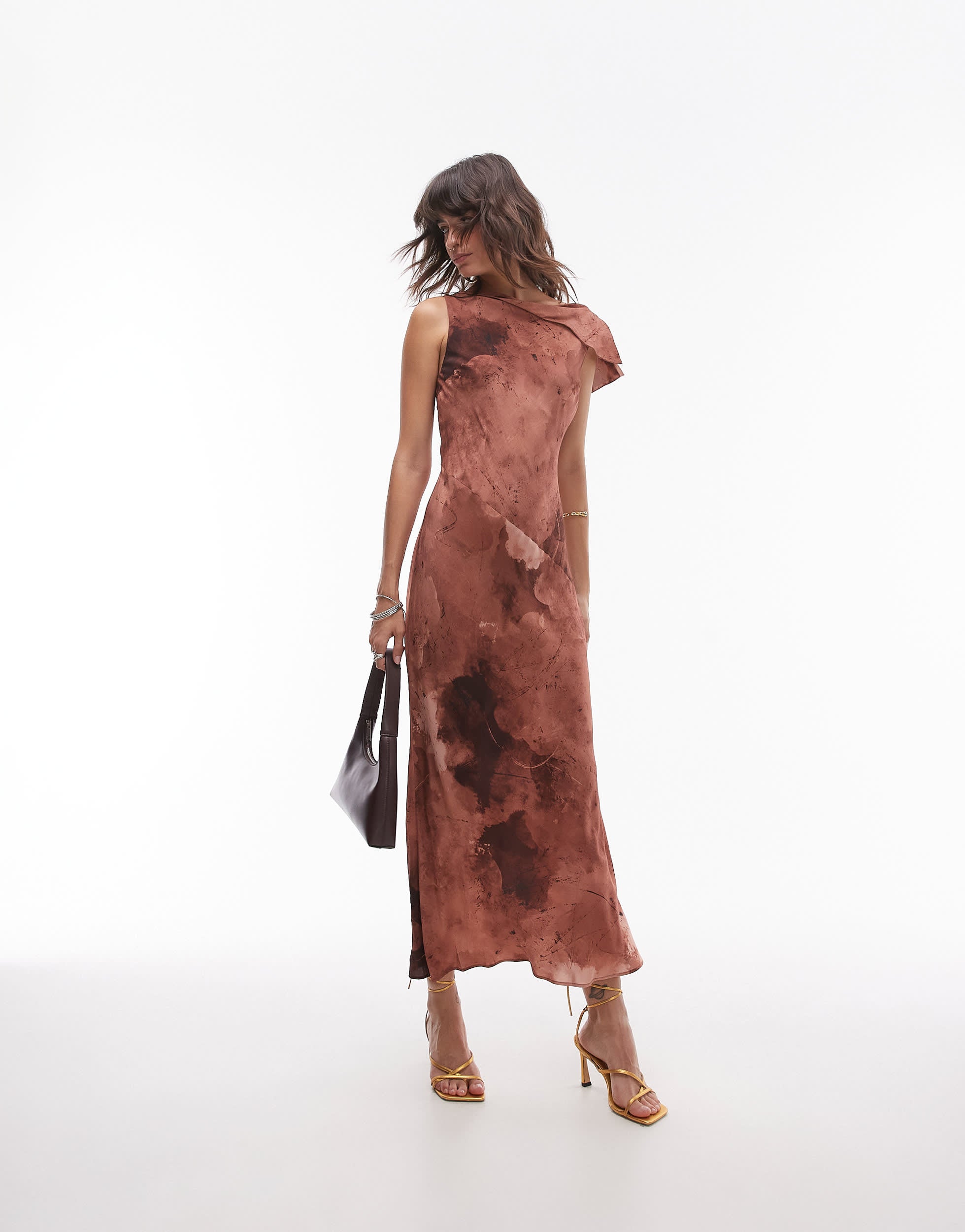 Topshop asymmetric neck bias cut midi in mineral print