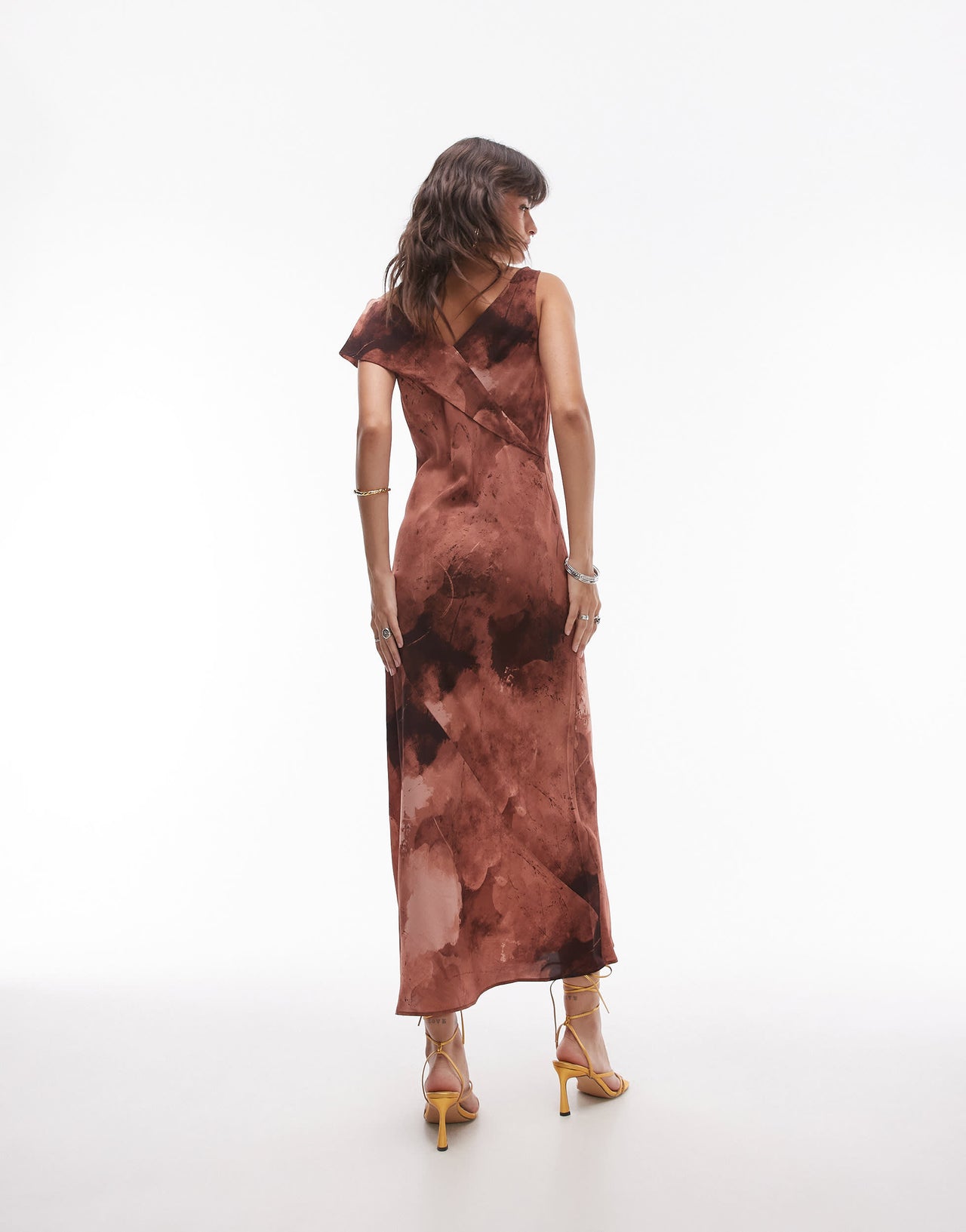 Topshop asymmetric neck bias cut midi in mineral print