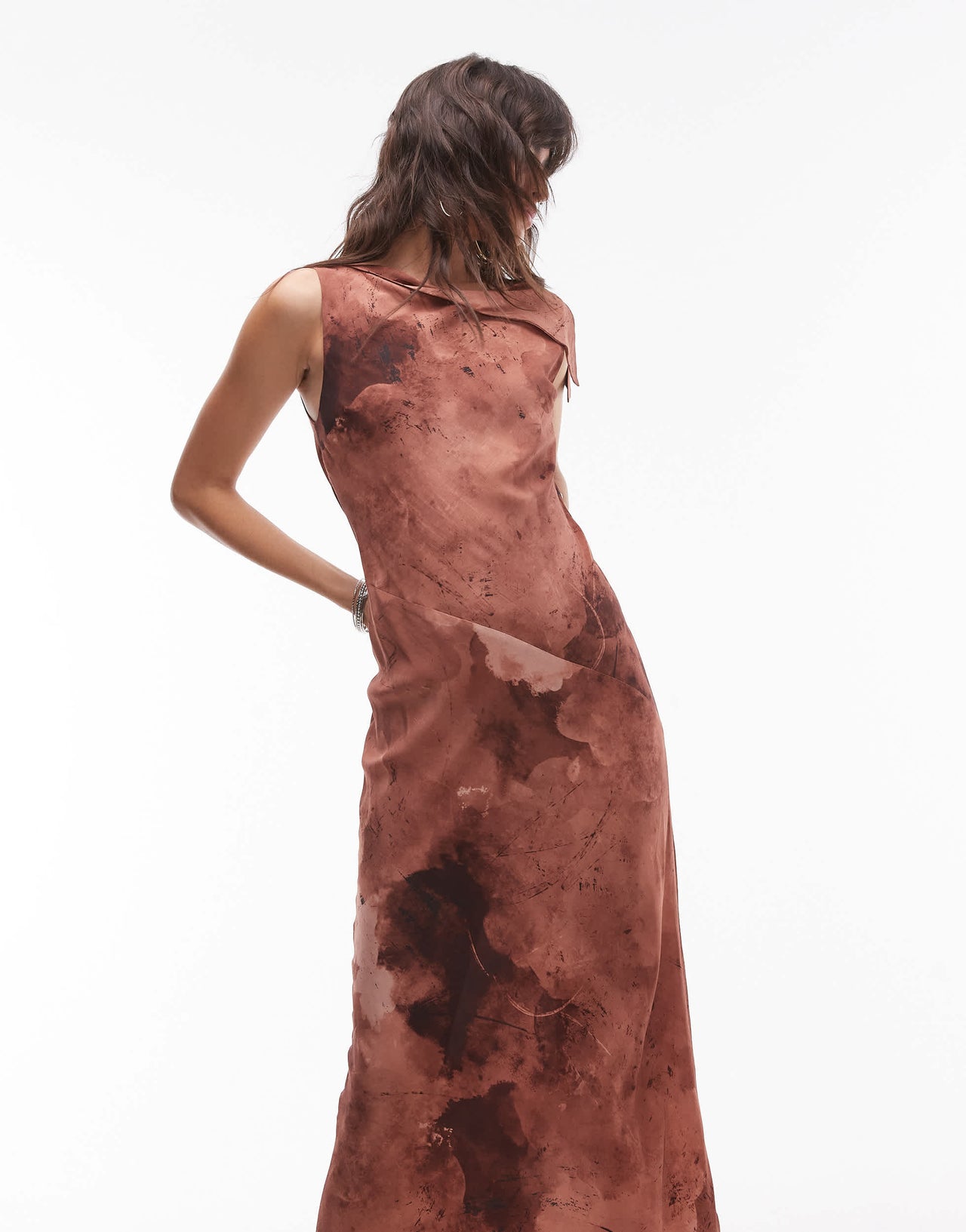 Topshop asymmetric neck bias cut midi in mineral print