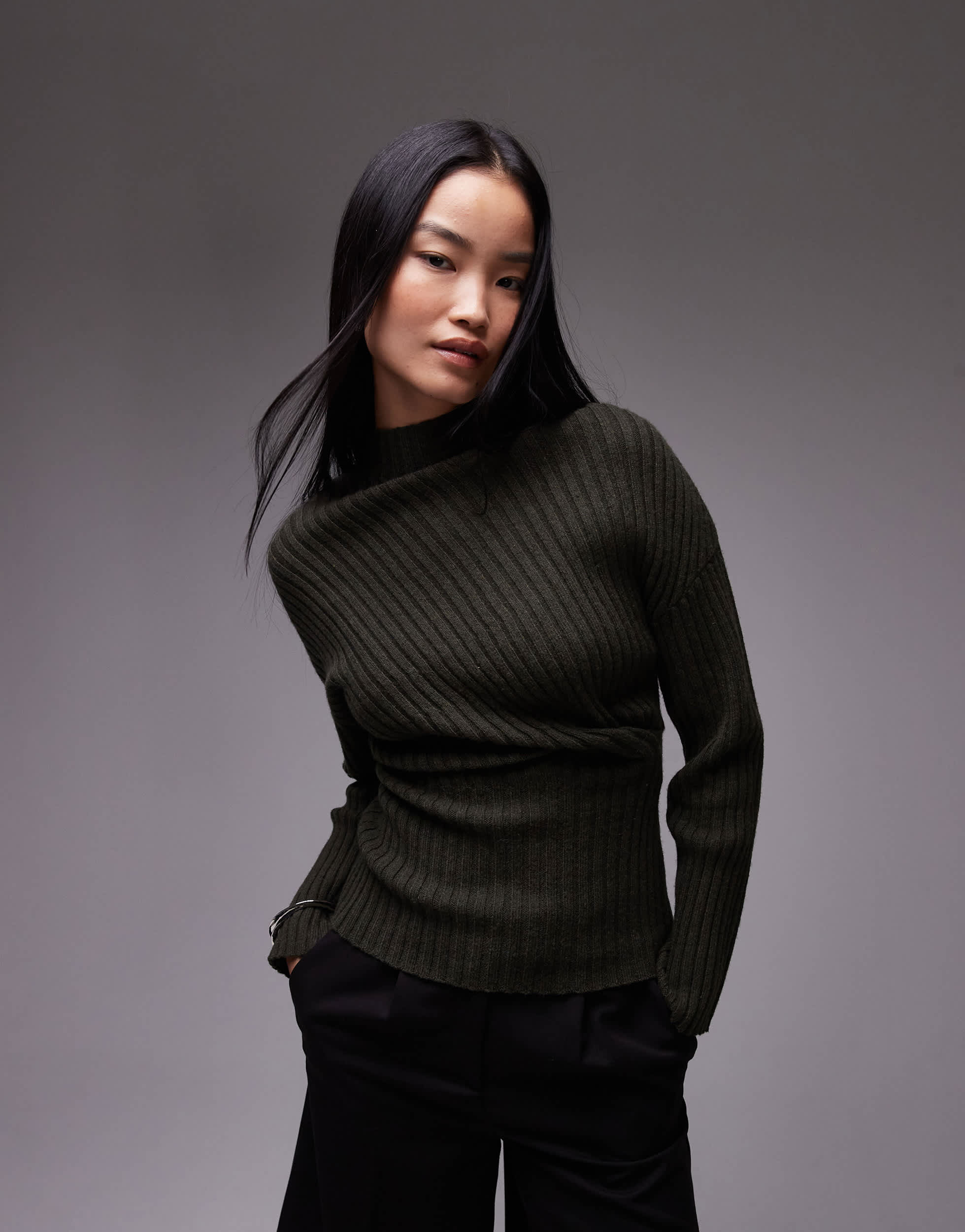 ARKET knitted rib long line top with twisted drape detail in khaki