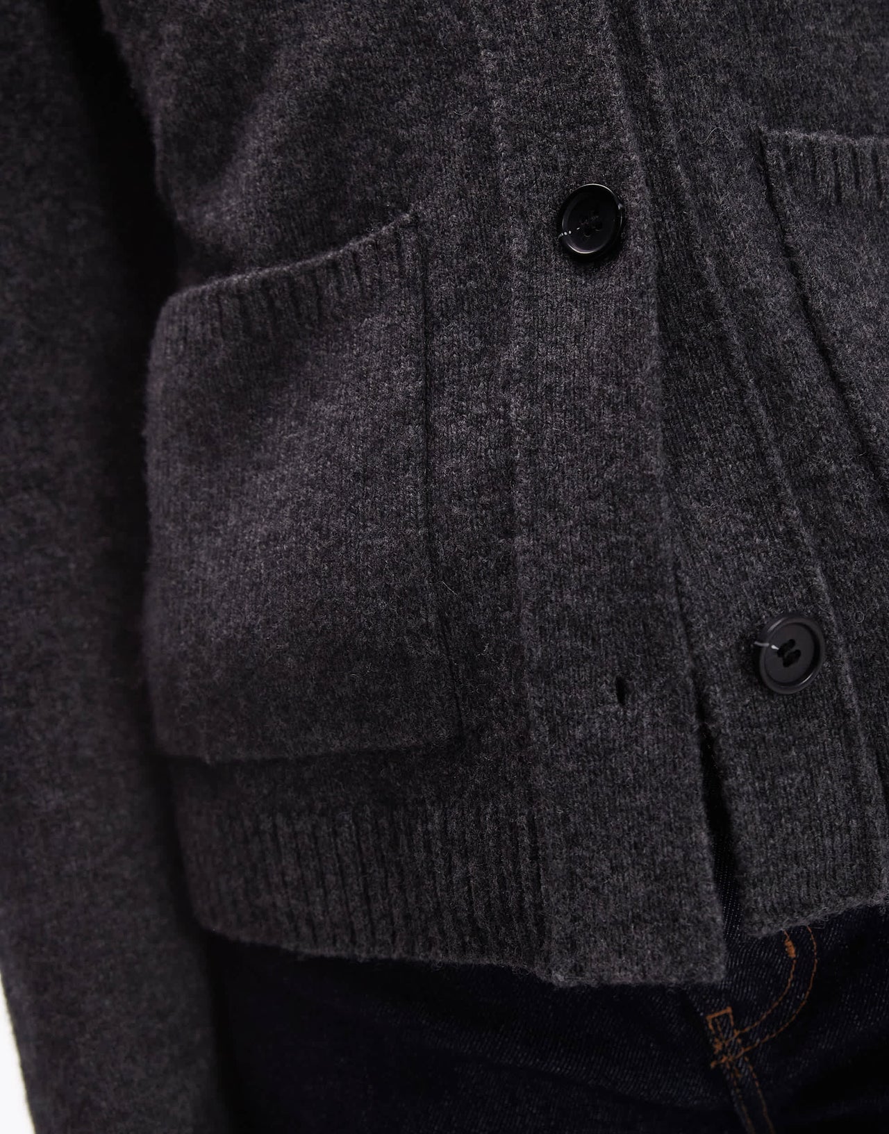 ARKET textured yarn wool cardigan with v-neck and front pockets in dark grey