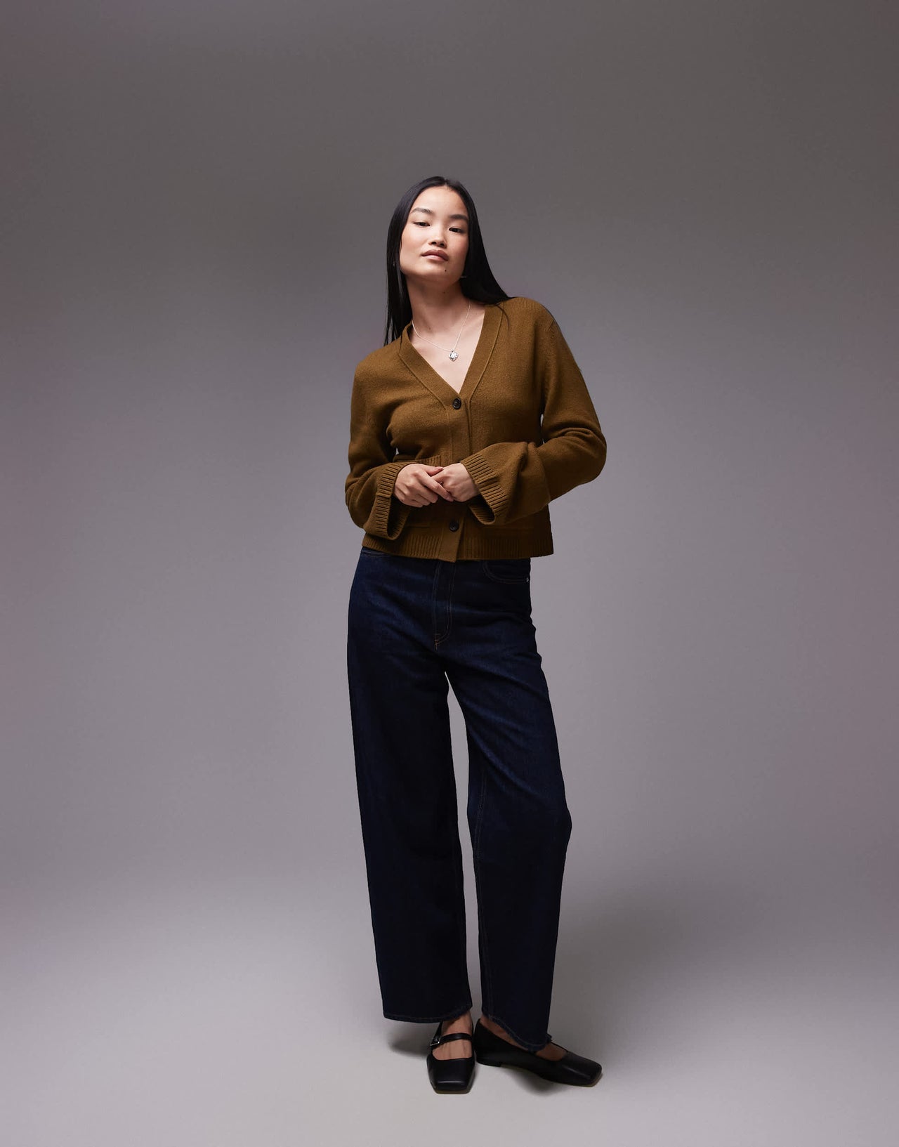 ARKET textured yarn wool cardigan with v-neck and front pockets in khaki brown