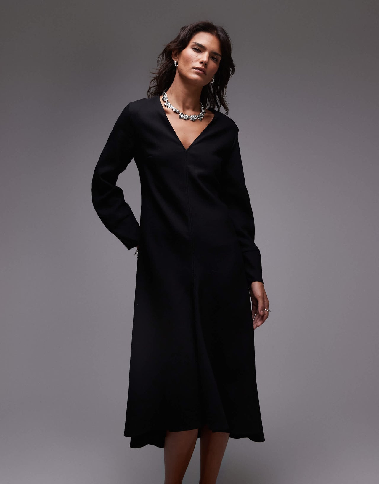 ARKET wool mix maxi dress with v-neck and high low hem in black