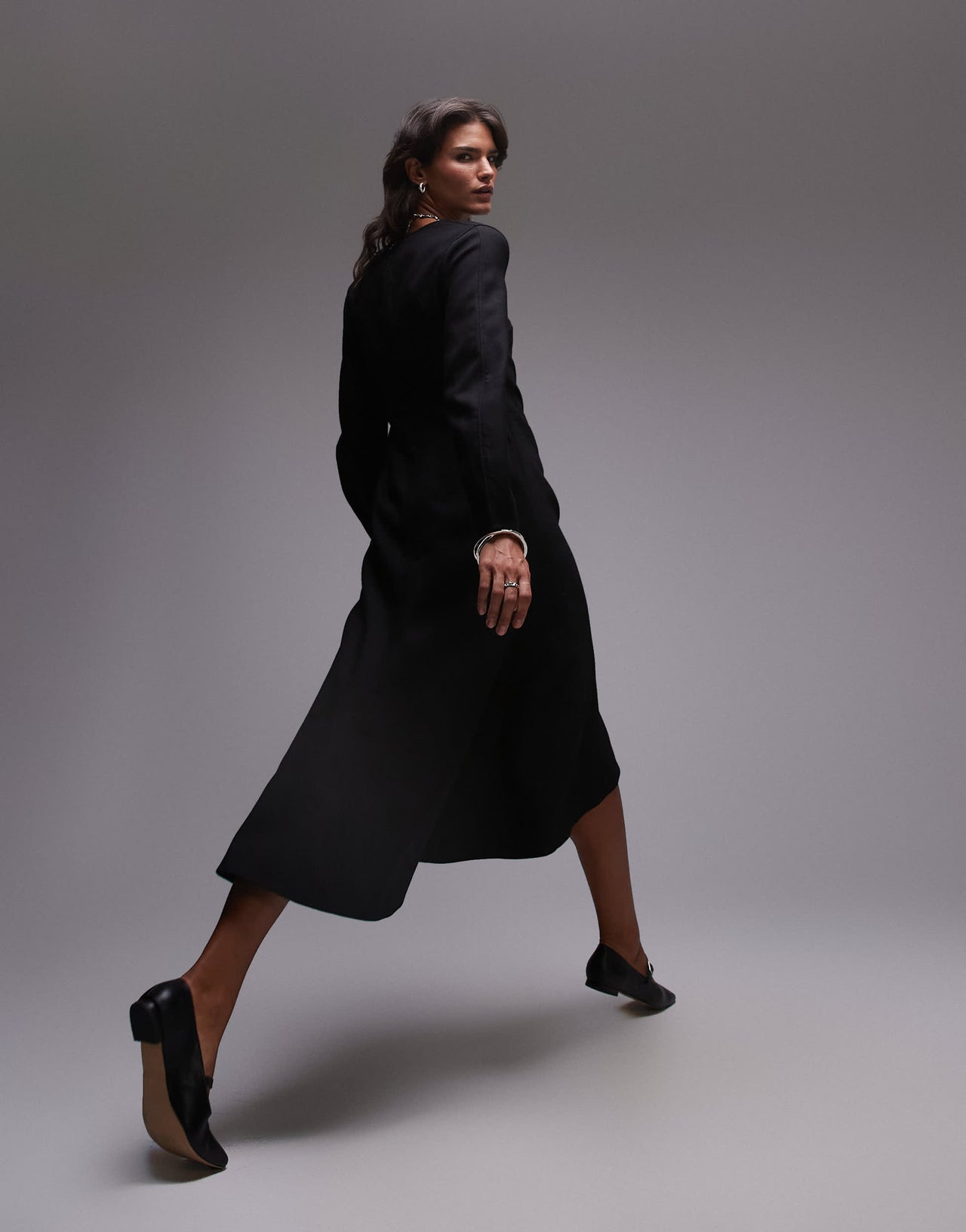 ARKET wool mix maxi dress with v-neck and high low hem in black