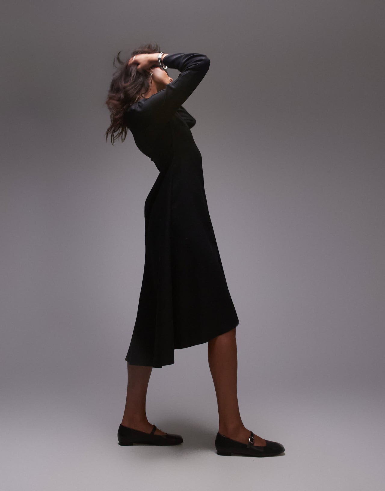 ARKET wool mix maxi dress with v-neck and high low hem in black