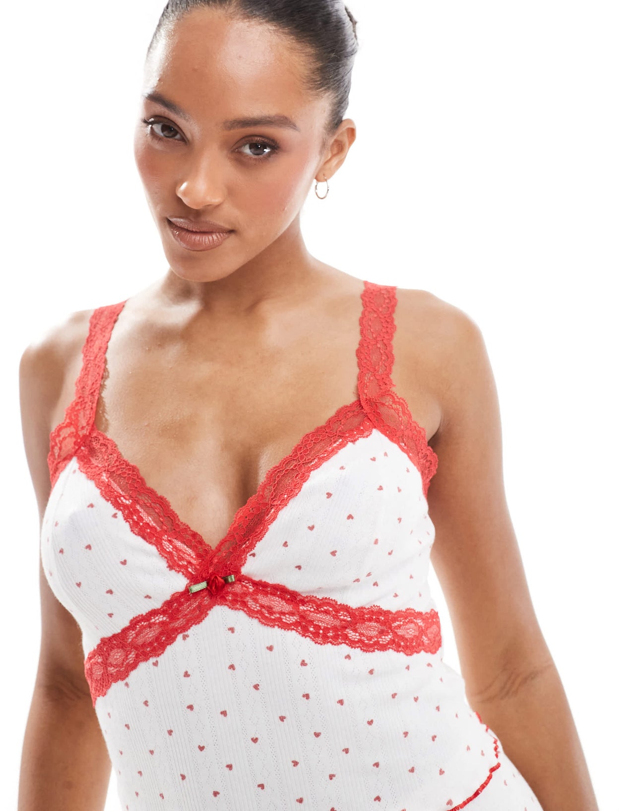 The Frolic exclusive pointelle red lace trim cami pyjama top co-ord in heart print