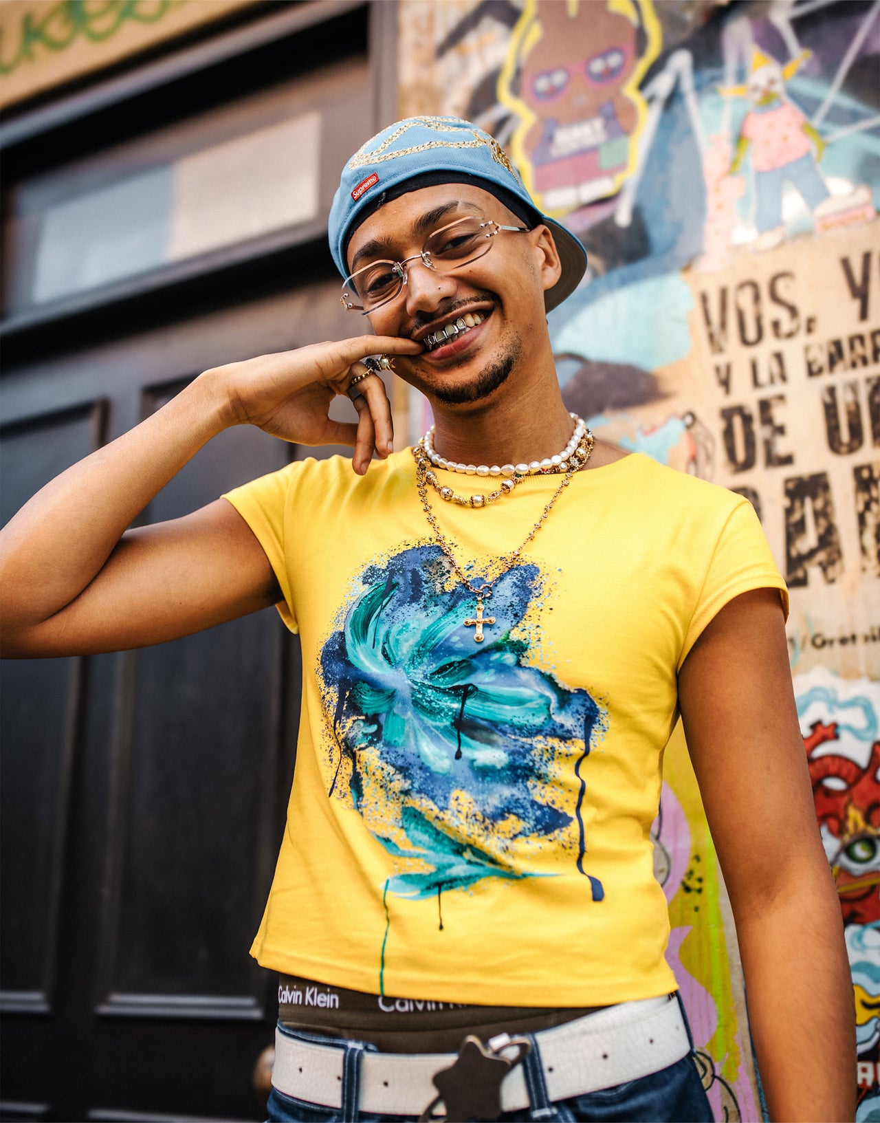 Labelrail x OliBrom crop fitted t-shirt with blurred flower graphic in yellow