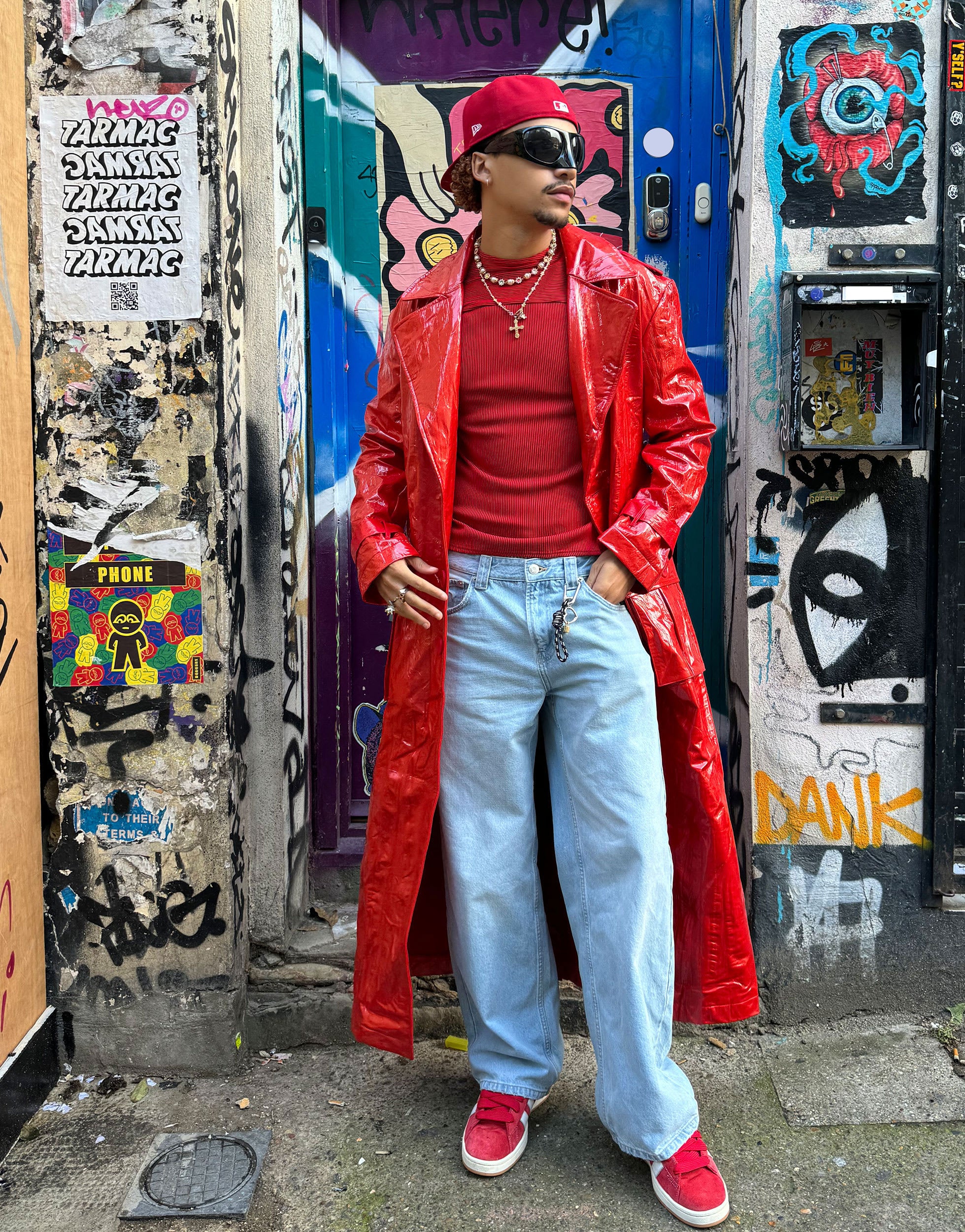 Labelrail x OliBrom PU longline coat in bright red