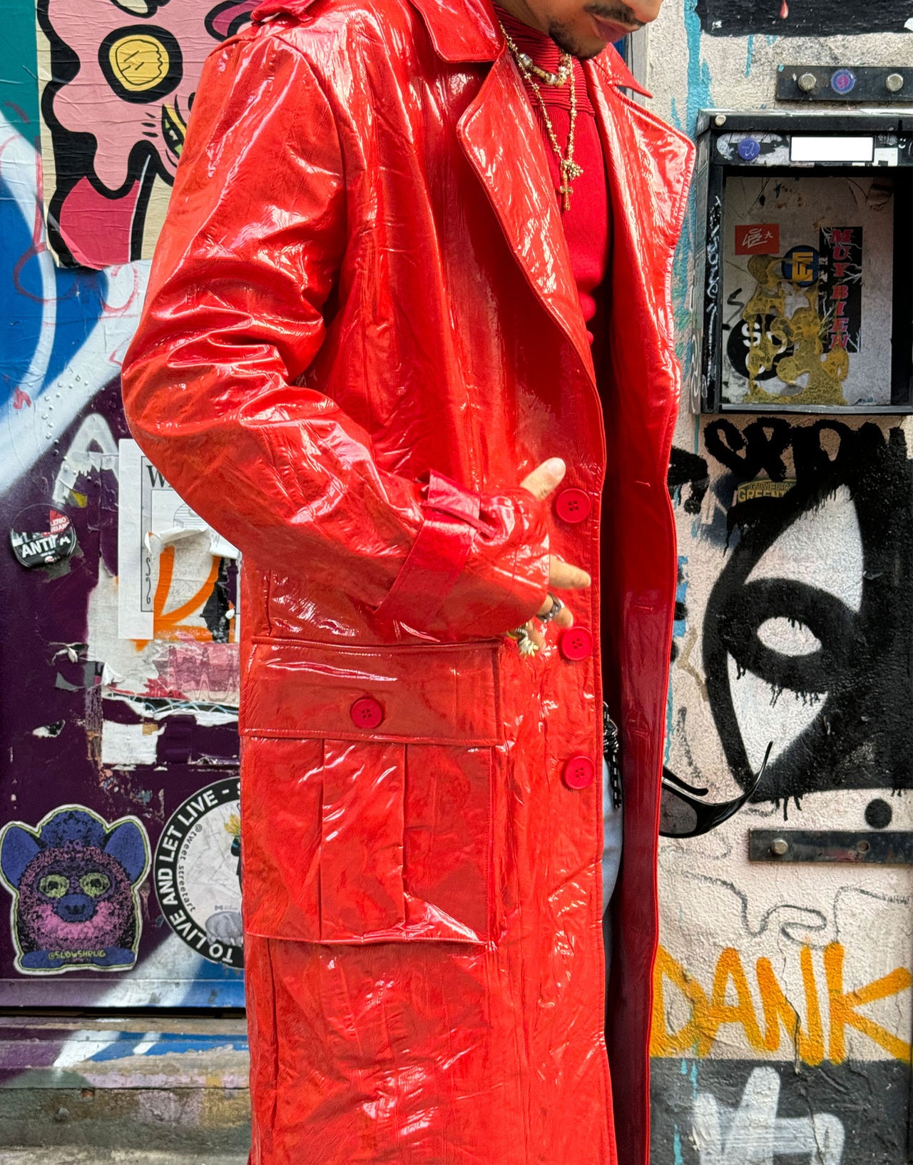 Labelrail x OliBrom PU longline coat in bright red
