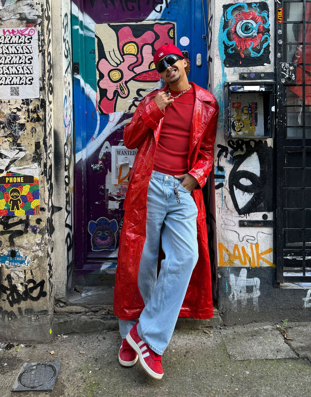 Labelrail x OliBrom PU longline coat in bright red