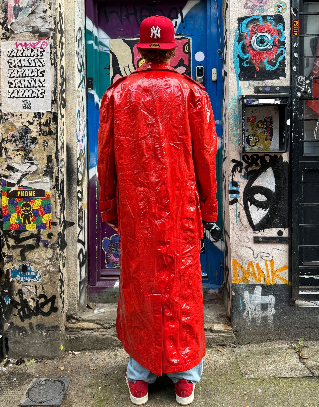Labelrail x OliBrom PU longline coat in bright red