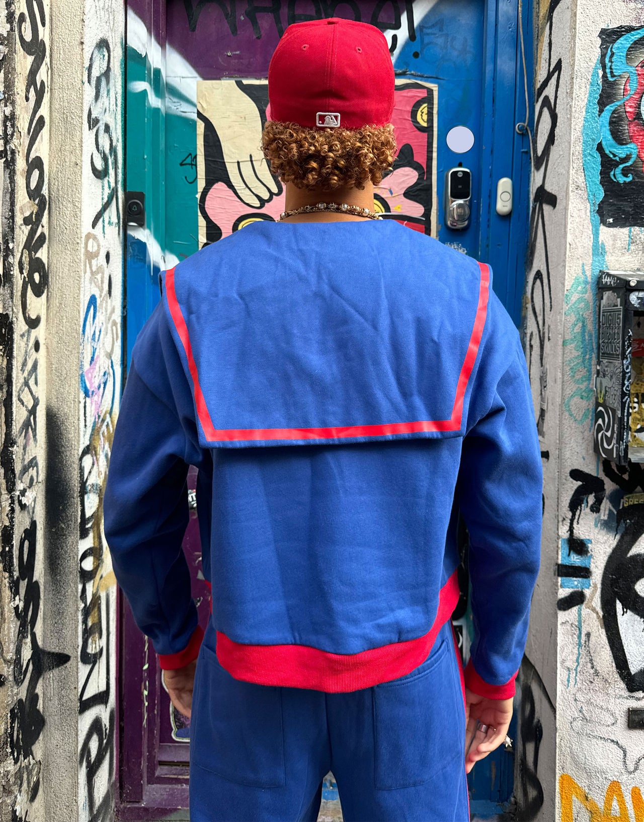 Labelrail x OliBrom dramatic collar quarter zip sweatshirt in blue and red co-ord