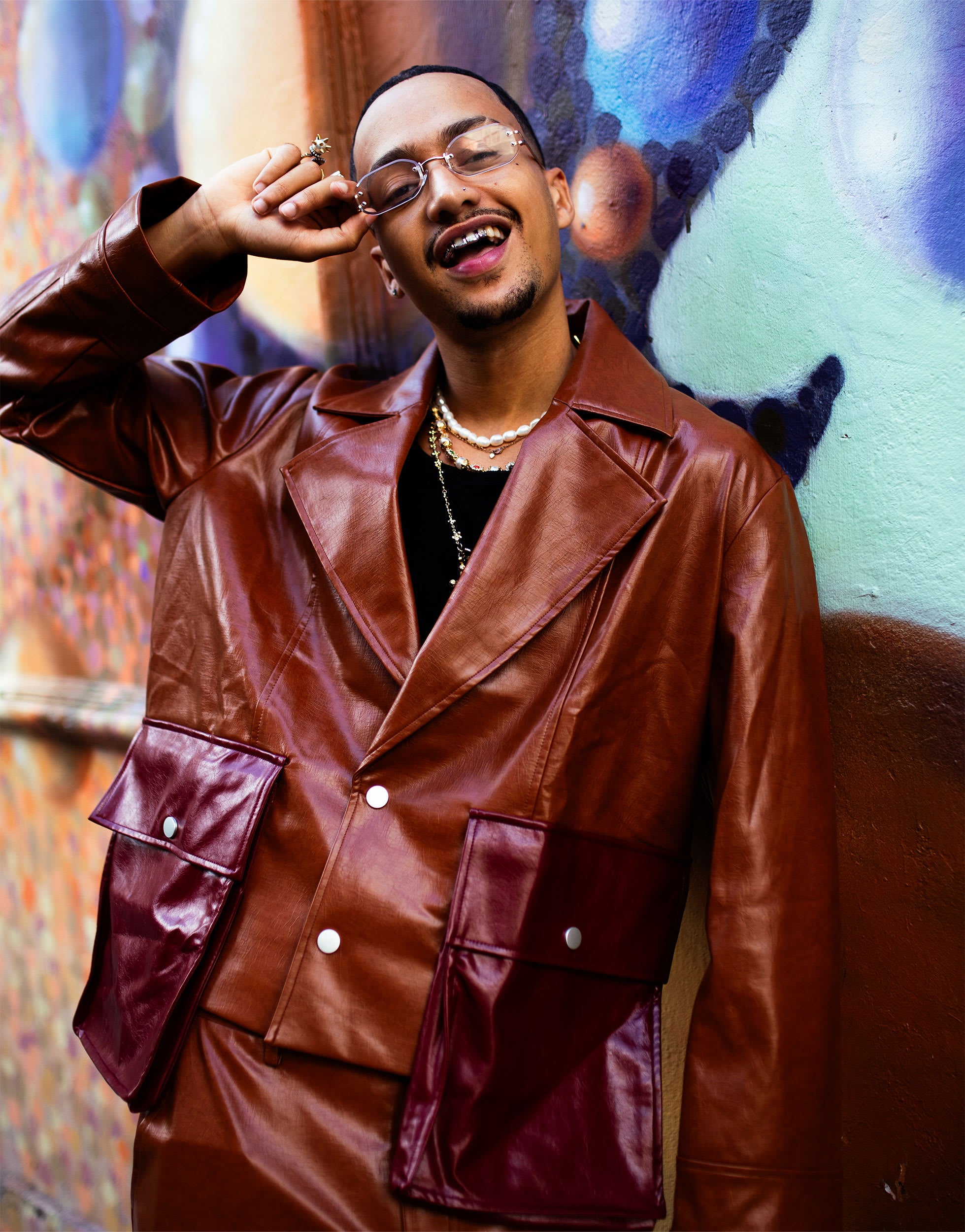 Labelrail x OliBrom faux leather crop jacket with contrast dramatic pockets in tobacco co-ord