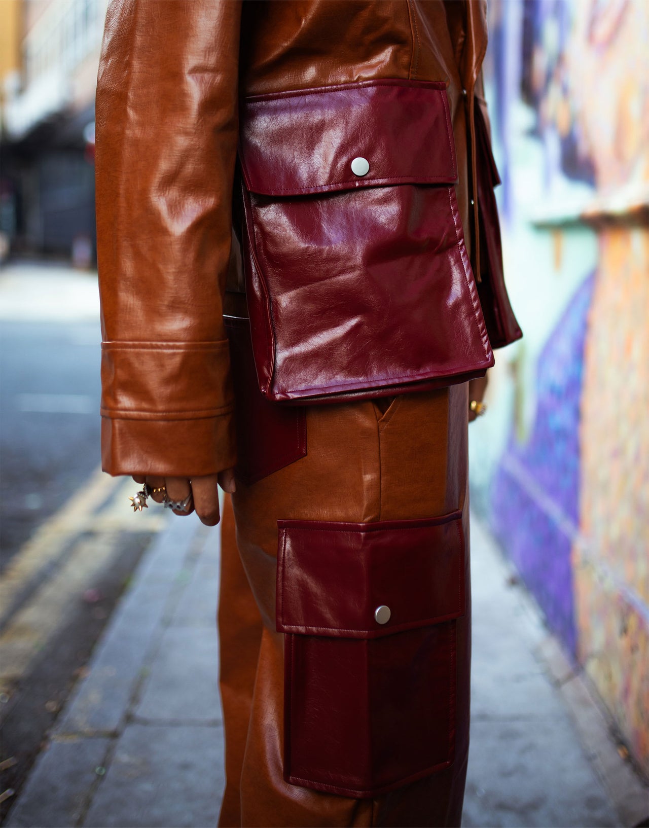 Labelrail x OliBrom faux leather crop jacket with contrast dramatic pockets in tobacco co-ord