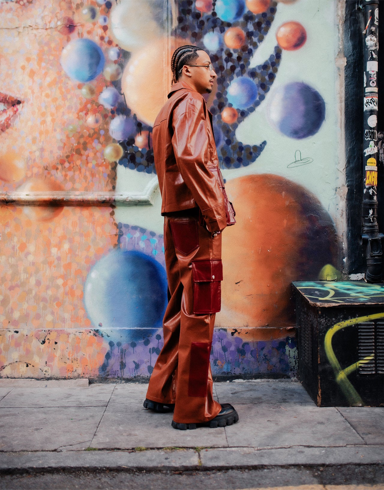 Labelrail x OliBrom faux leather crop jacket with contrast dramatic pockets in tobacco co-ord