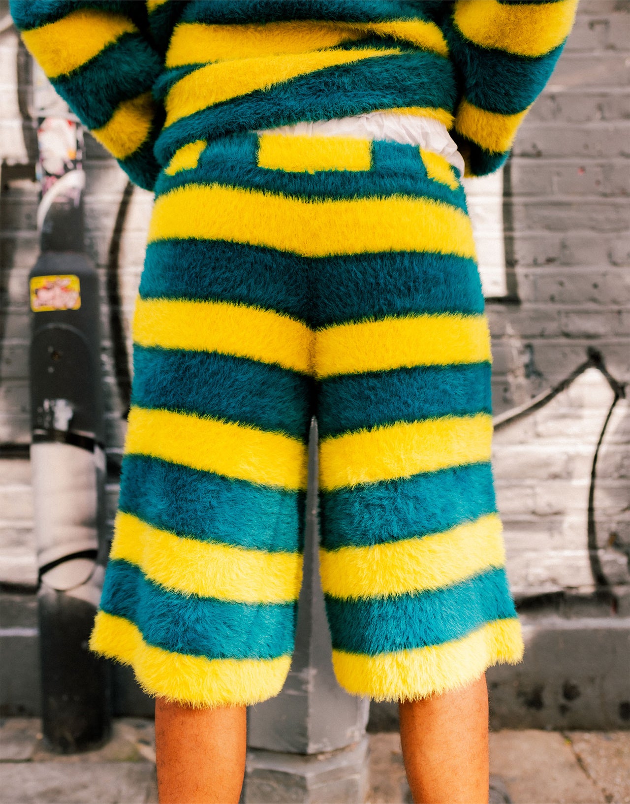 Labelrail x OliBrom fluffy longline shorts in yellow and green stripe co-ord