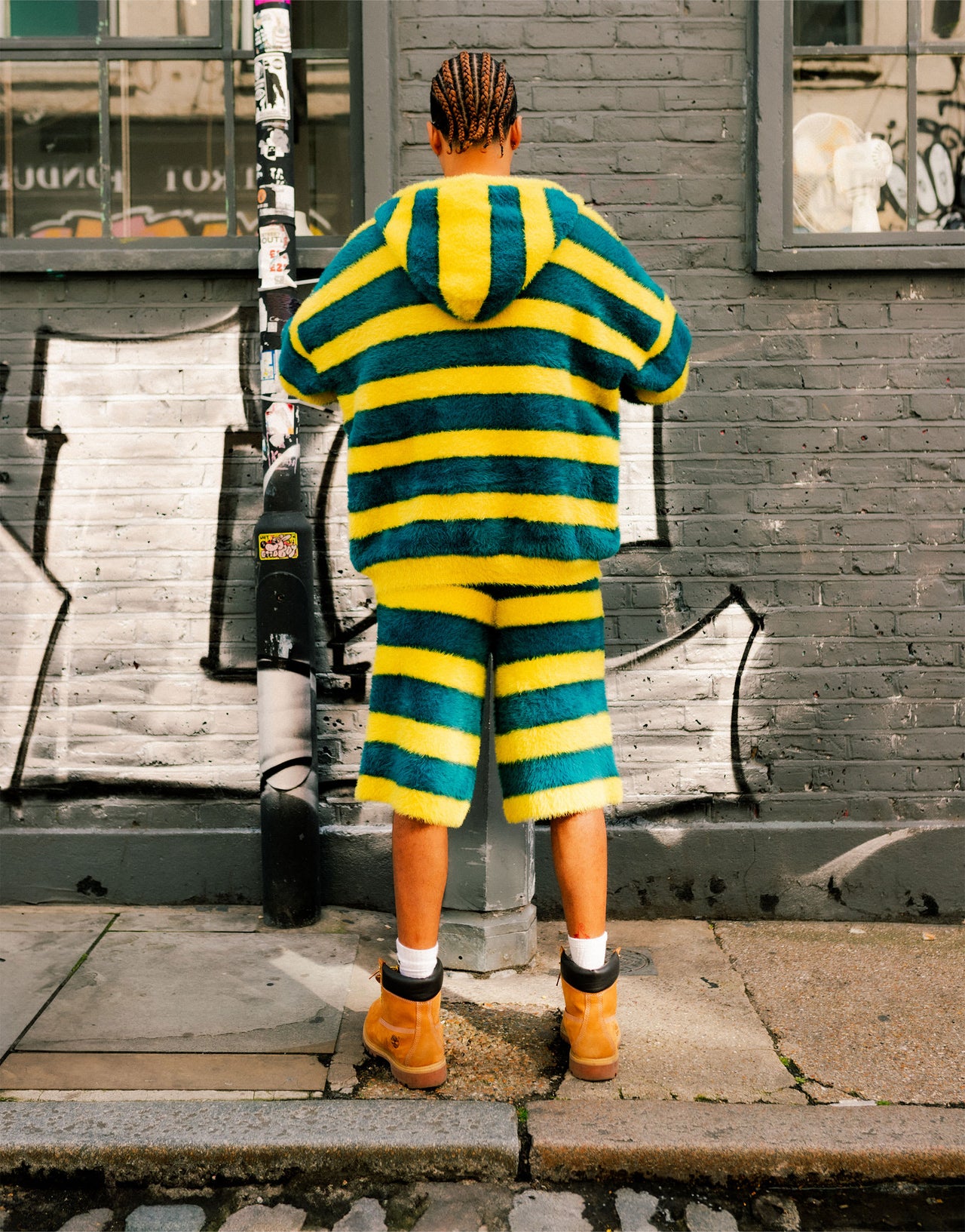 Labelrail x OliBrom fluffy longline shorts in yellow and green stripe co-ord