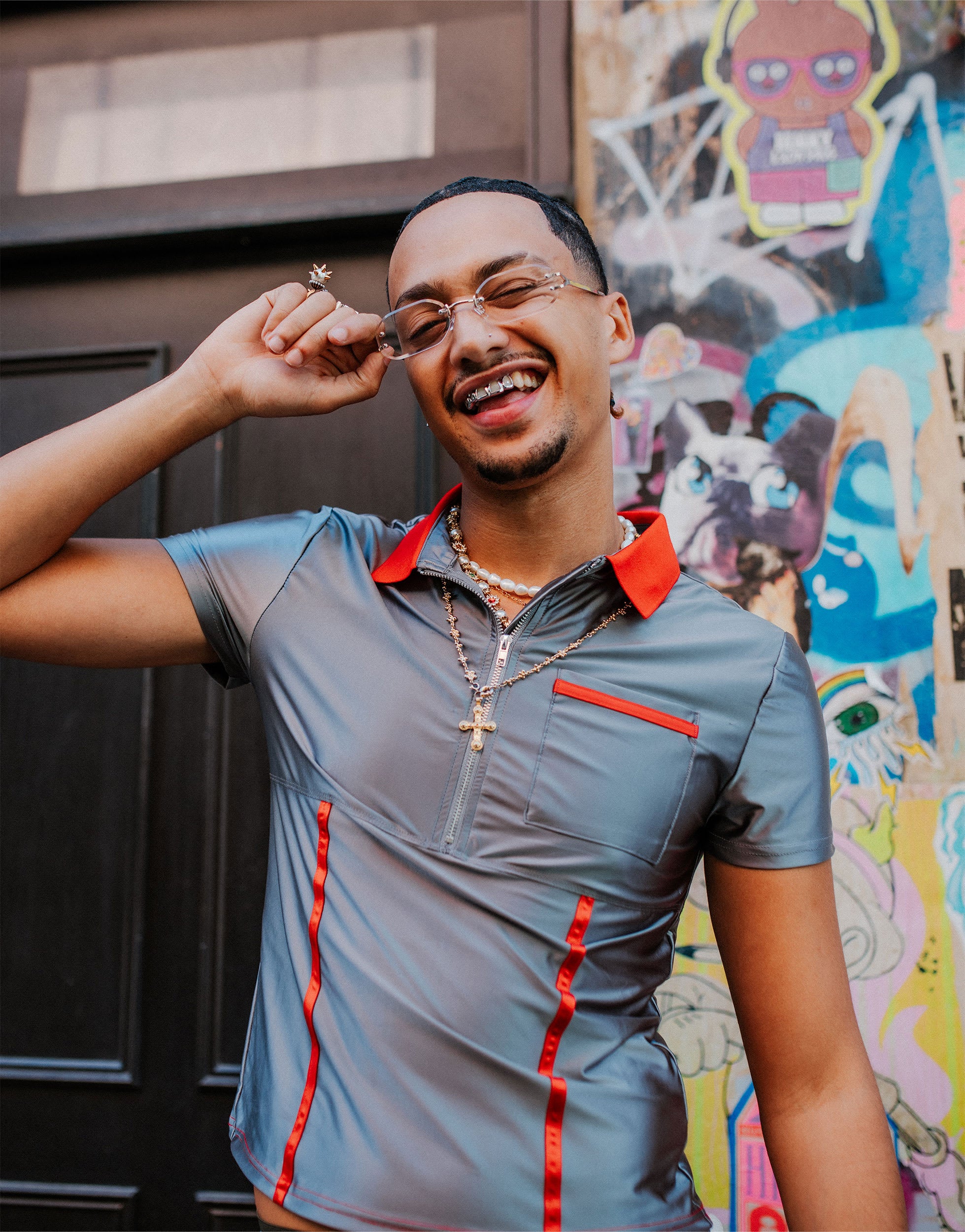 Labelrail x OliBrom fitted quarter zip polo top with contrast collar in grey metallic