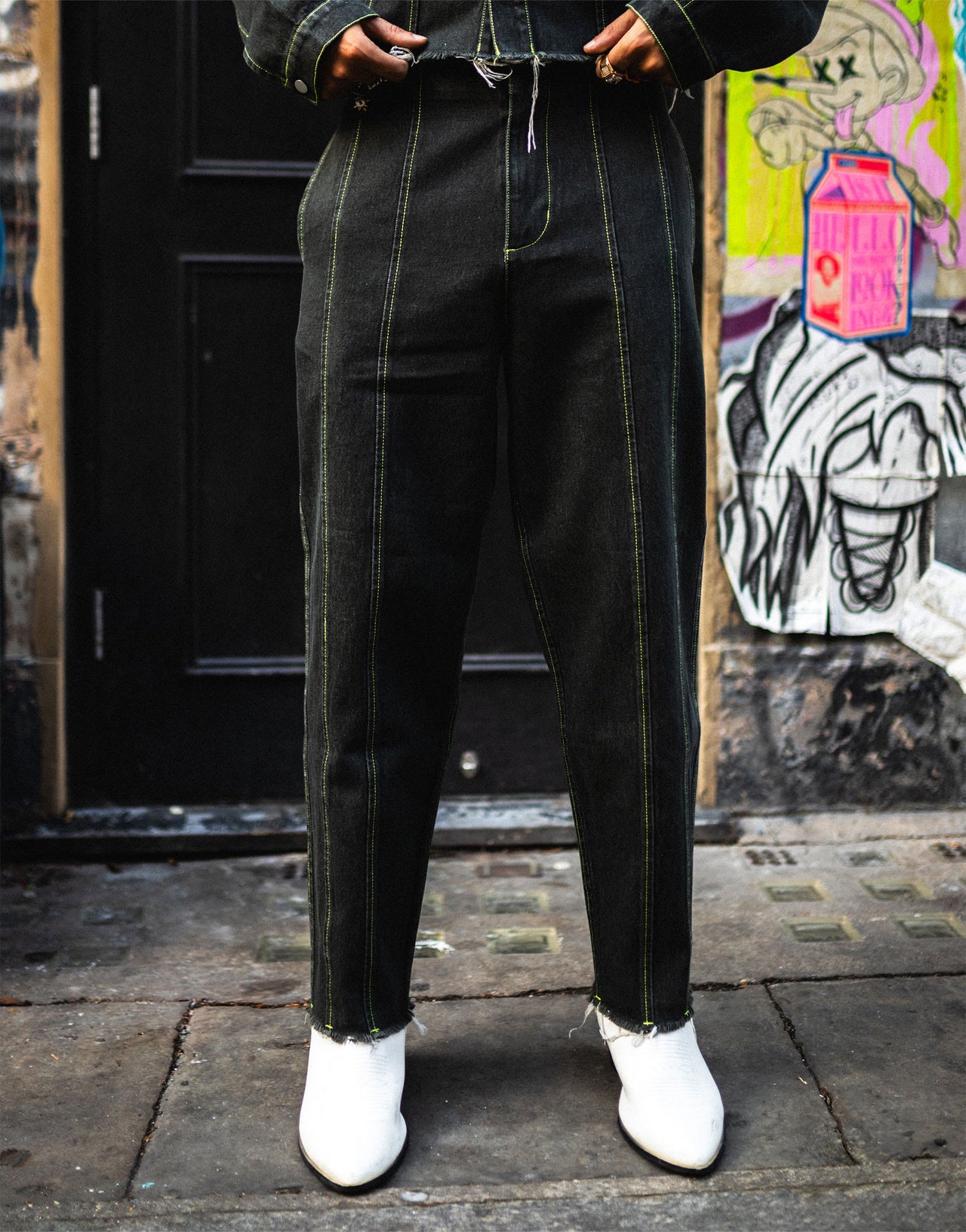 Labelrail x OliBrom seam detail straight leg jeans in washed black co-ord