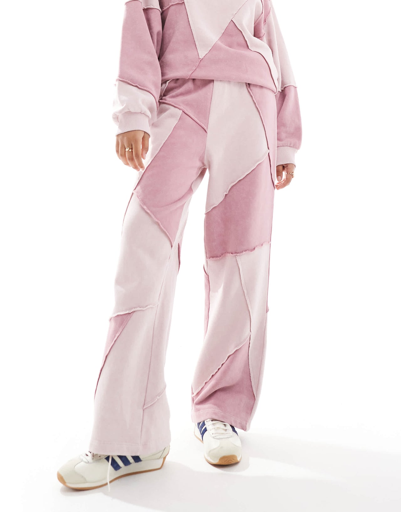 ASOS DESIGN co-ord straight leg jogger with patchwork detail in pink wash