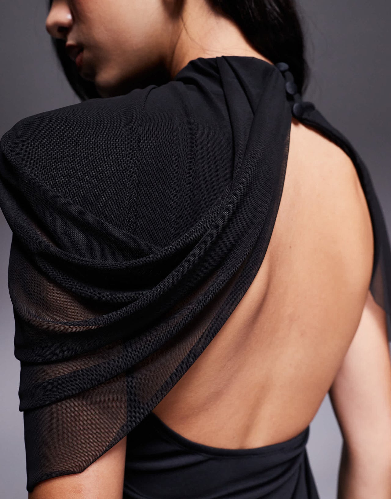 ASOS DESIGN draped mesh shoulder pad premium mini dress in black