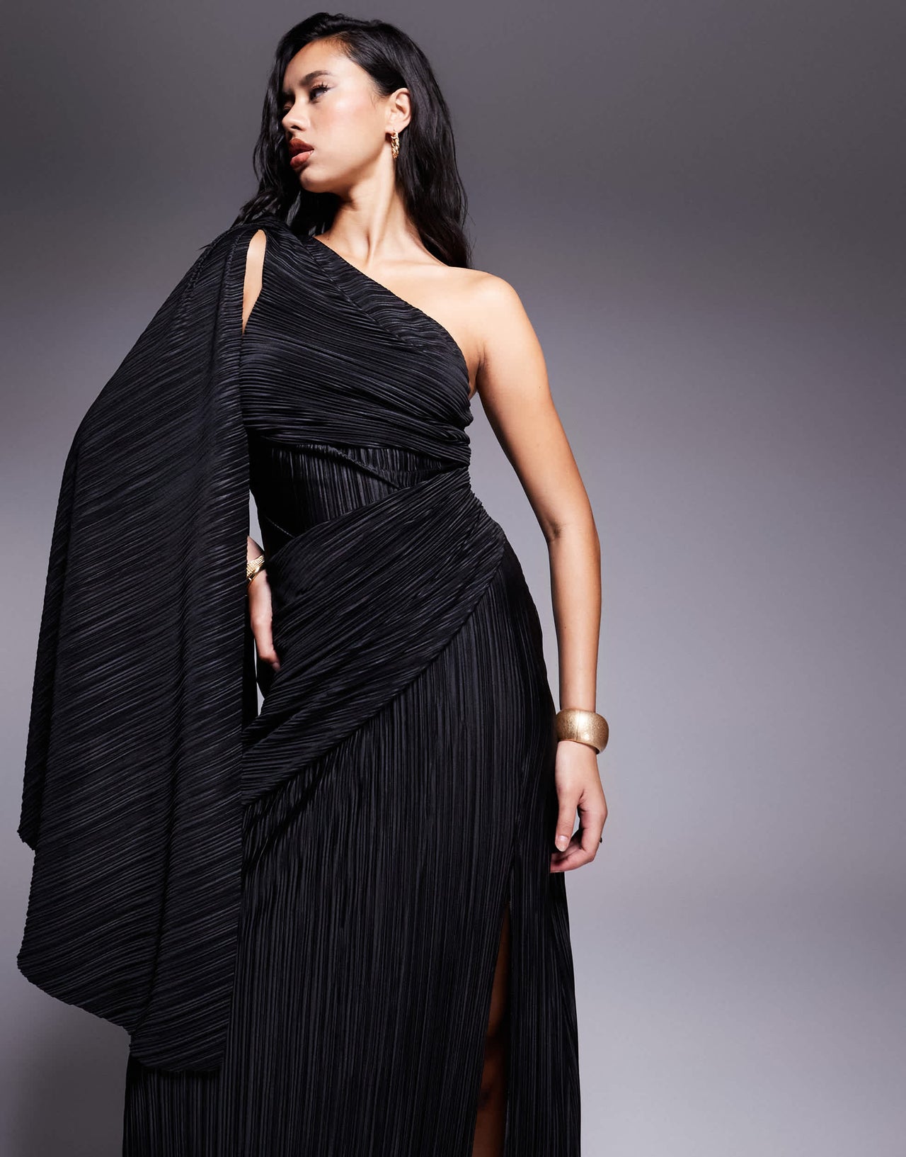 ASOS DESIGN Premium plisse one shoulder drape maxi dress with tie in black