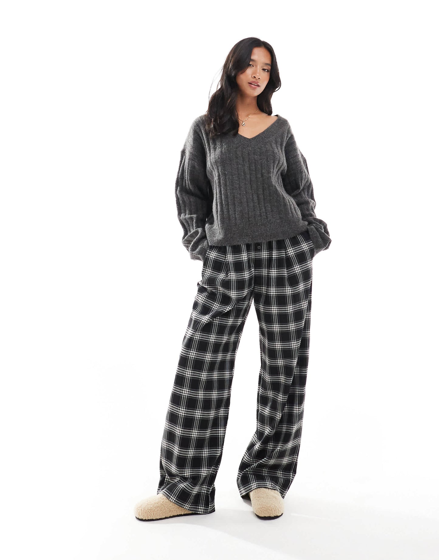 Bershka Petite tie waist wide leg trousers in black check