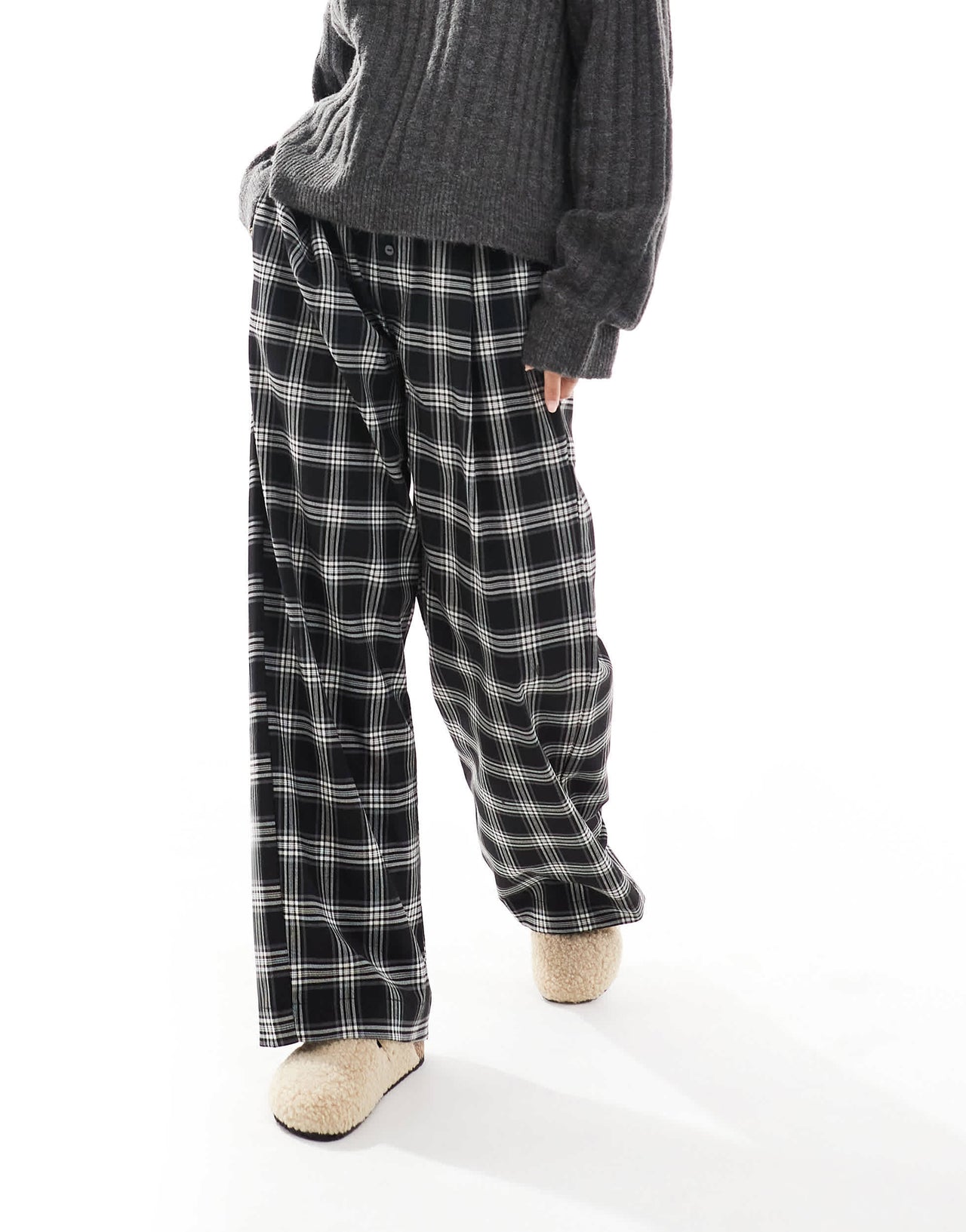 Bershka Petite tie waist wide leg trousers in black check