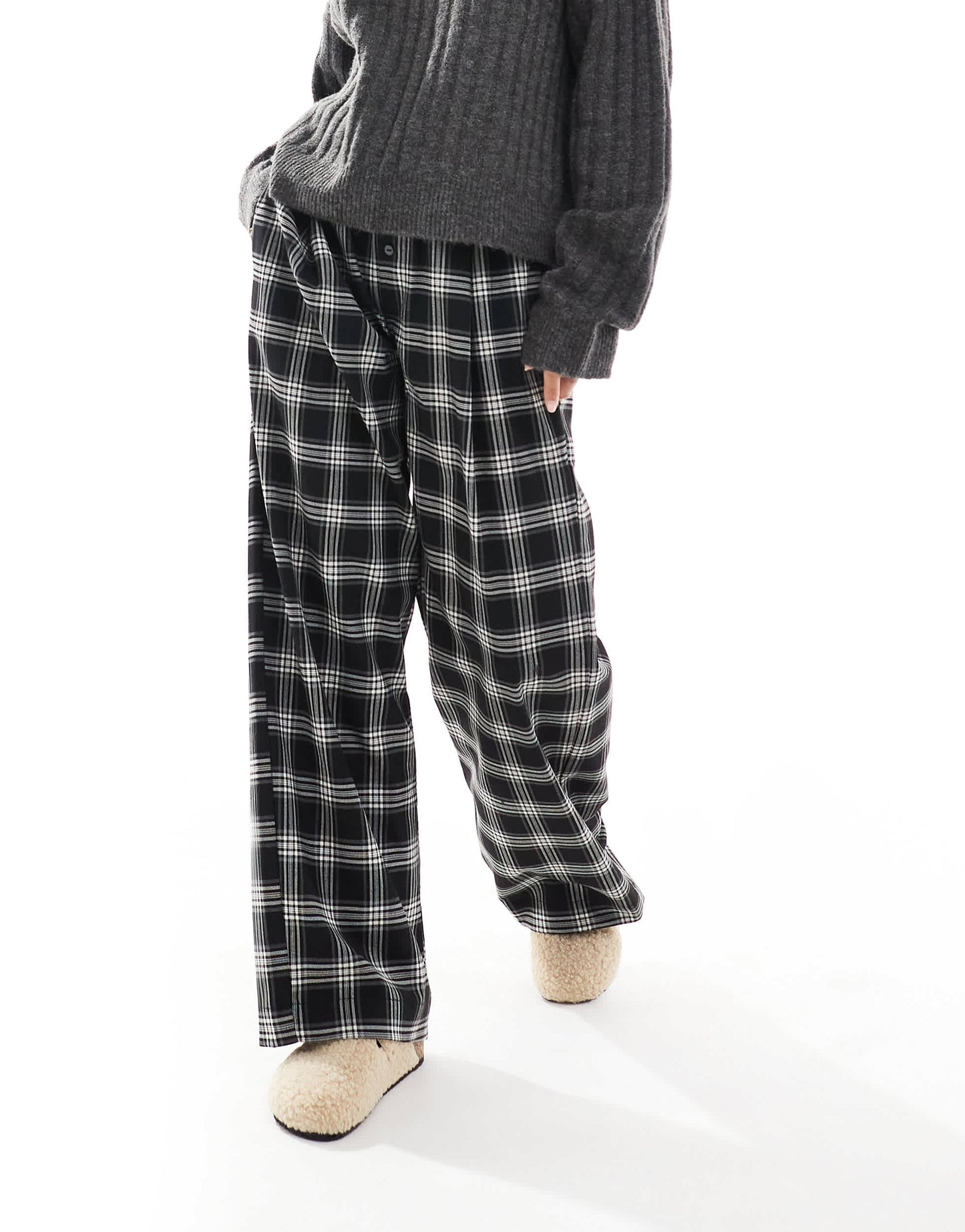 Bershka Petite tie waist wide leg trousers in black check