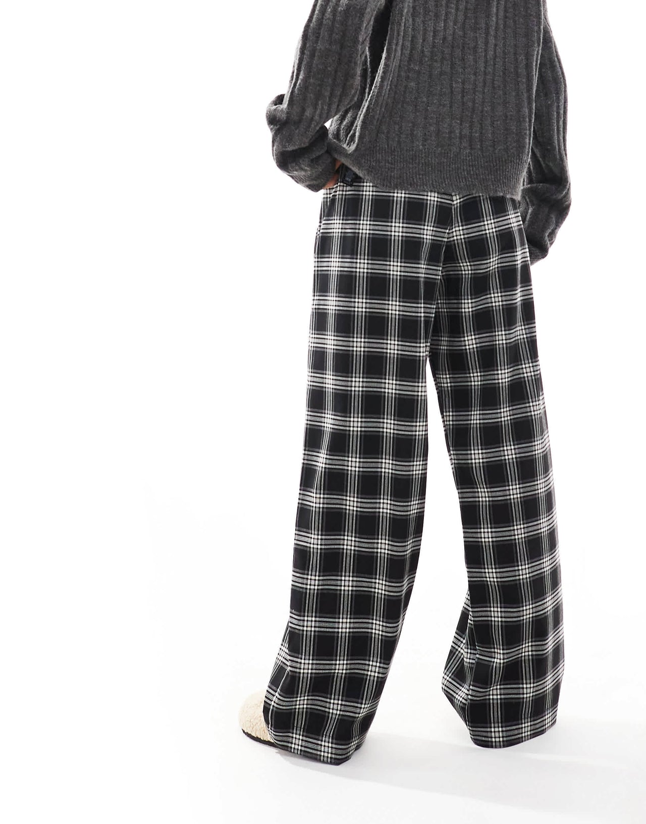 Bershka Petite tie waist wide leg trousers in black check