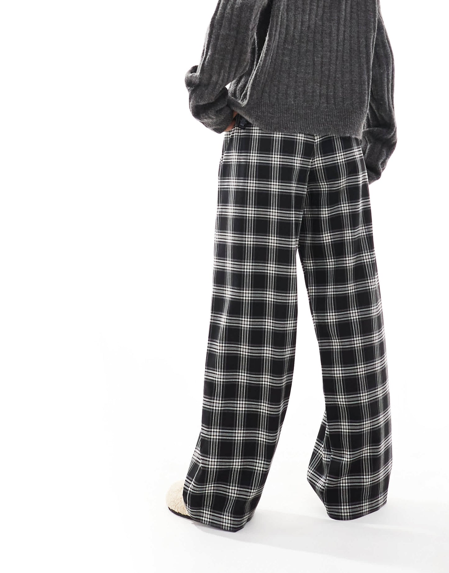 Bershka Petite tie waist wide leg trousers in black check