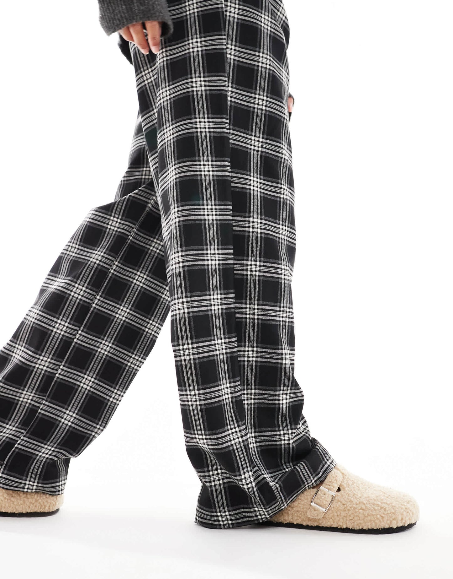 Bershka Petite tie waist wide leg trousers in black check