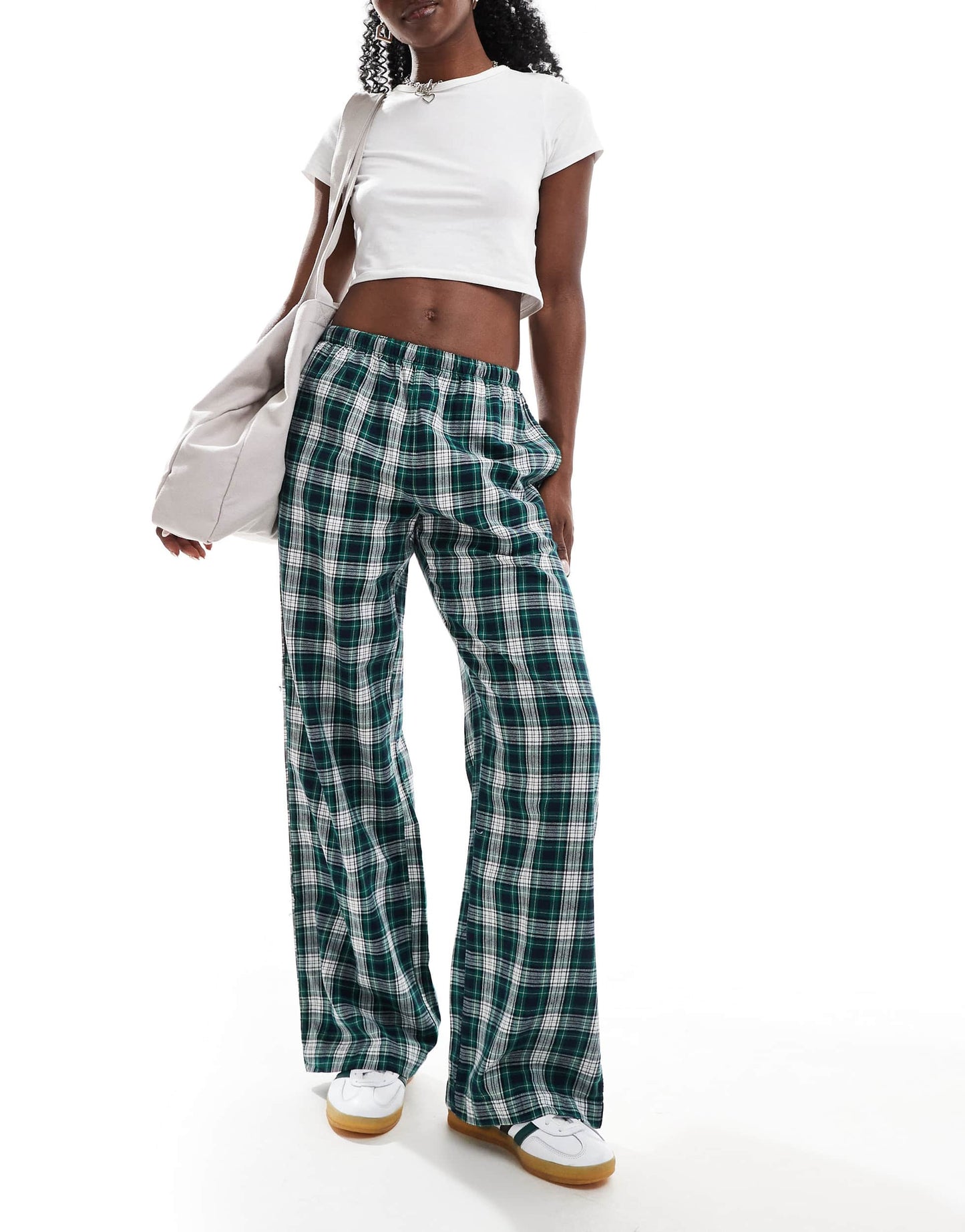 Bershka tie waist wide leg trousers in green check