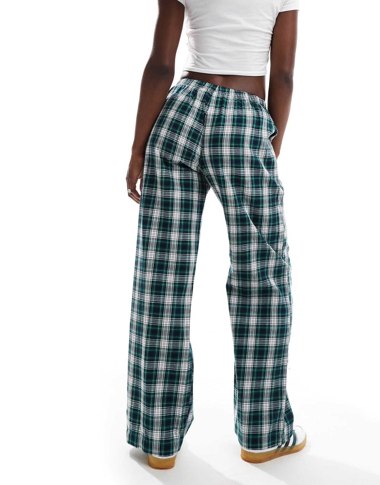 Bershka tie waist wide leg trousers in green check