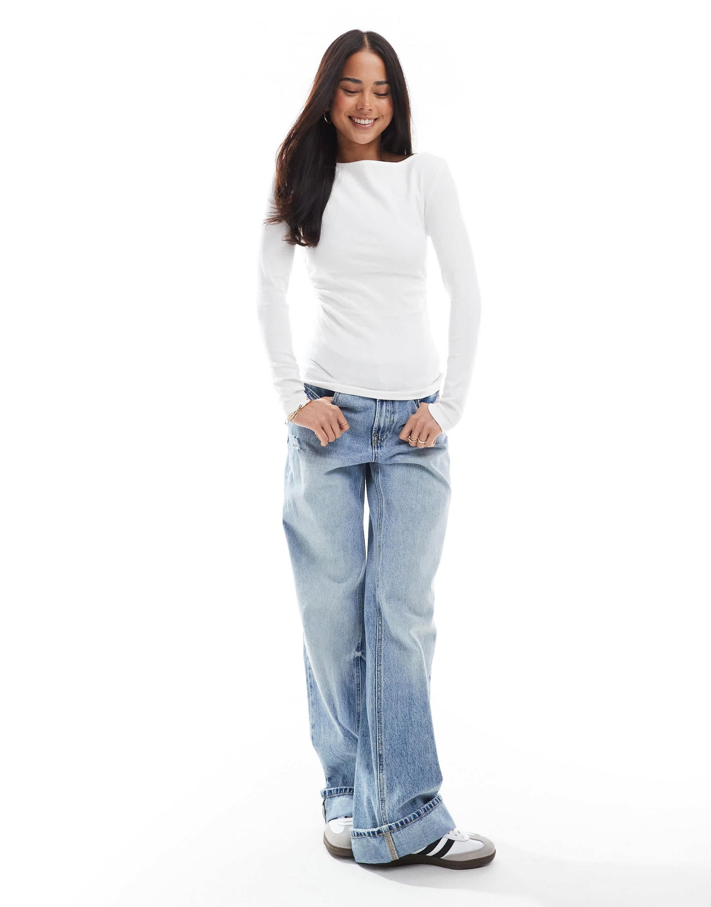 Stradivarius ruched slash neck top in white
