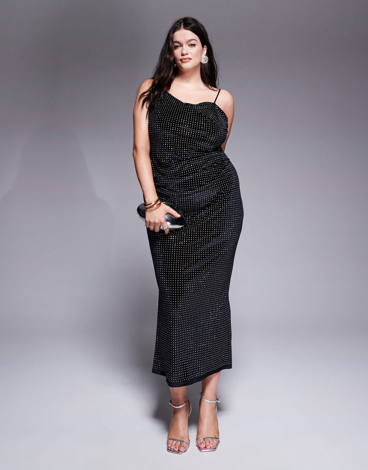 ASOS DESIGN Curve velvet embellished asymmetric draped neckline midi dress in black