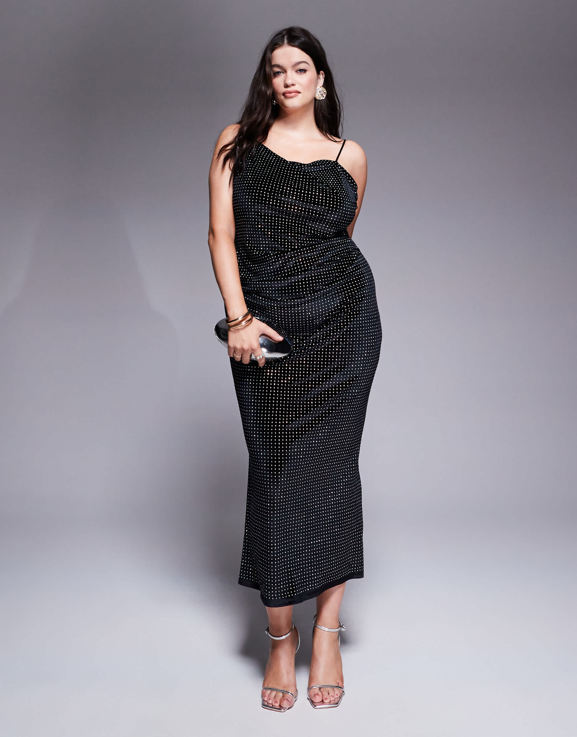 ASOS DESIGN Curve velvet embellished asymmetric draped neckline midi dress in black