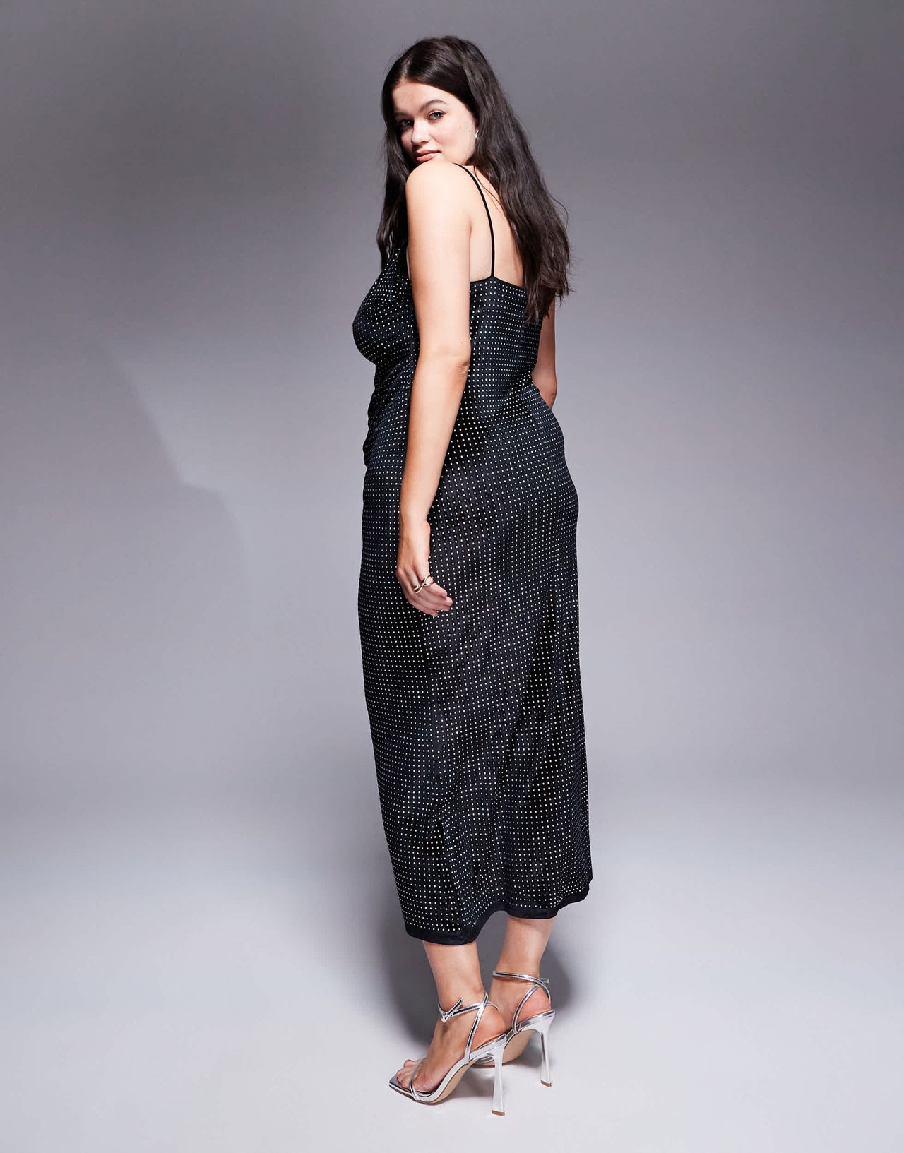 ASOS DESIGN Curve velvet embellished asymmetric draped neckline midi dress in black