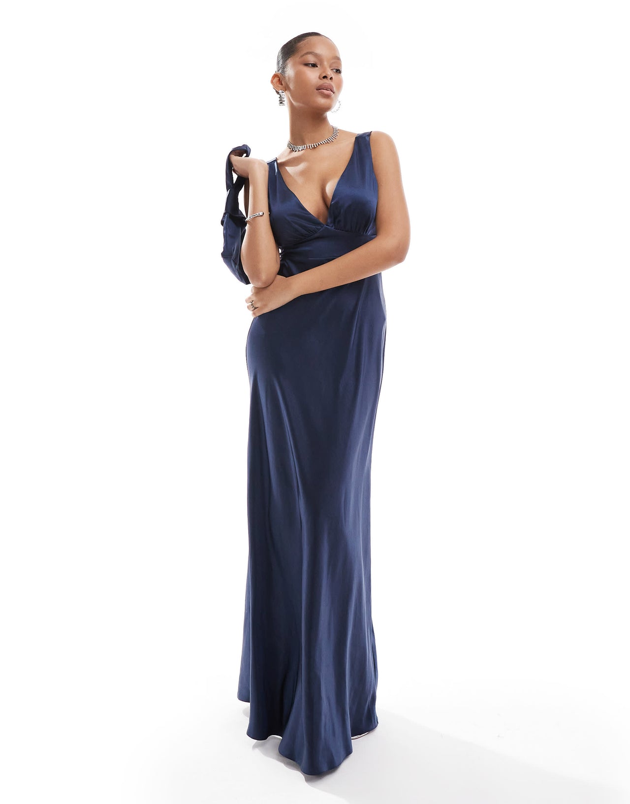 Six Stories Bridesmaids bow back satin maxi dress in navy