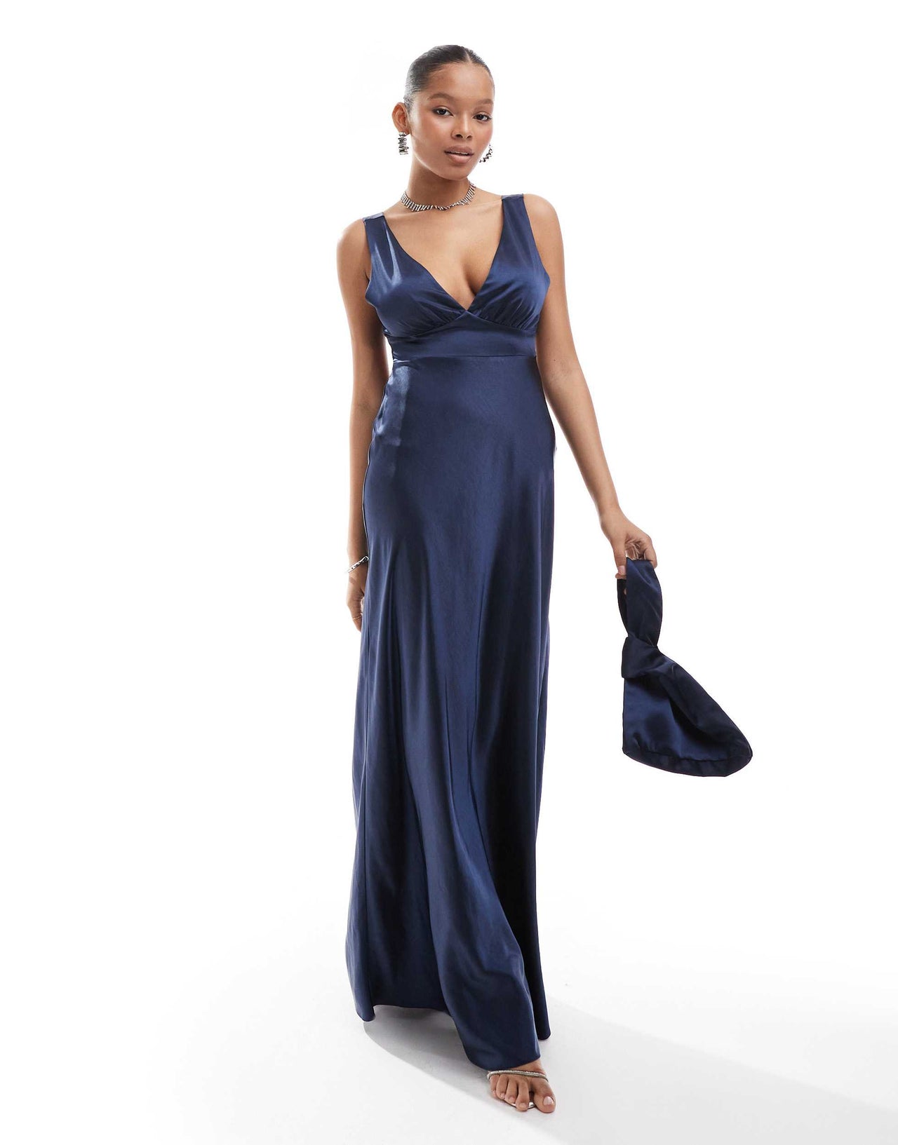 Six Stories Bridesmaids bow back satin maxi dress in navy