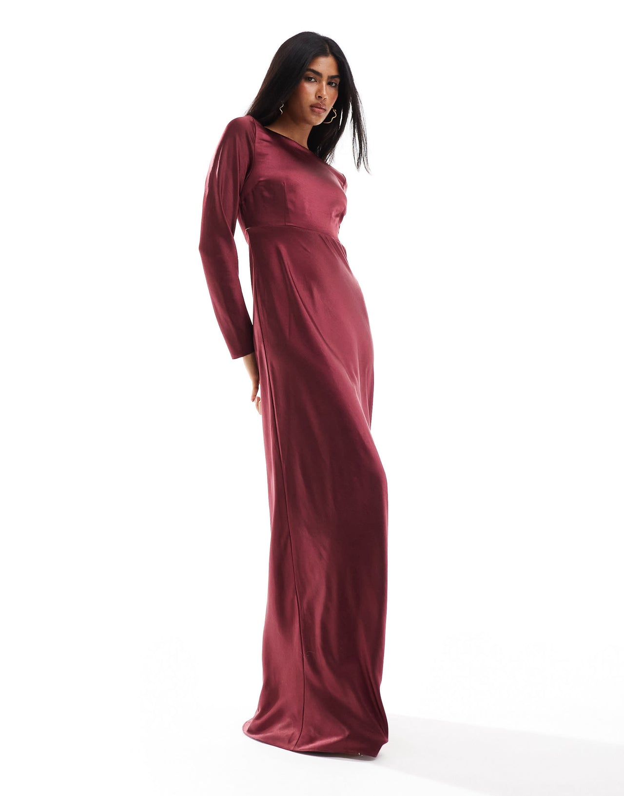 Six Stories Bridesmaids long sleeve cowl back satin maxi dress in burgundy