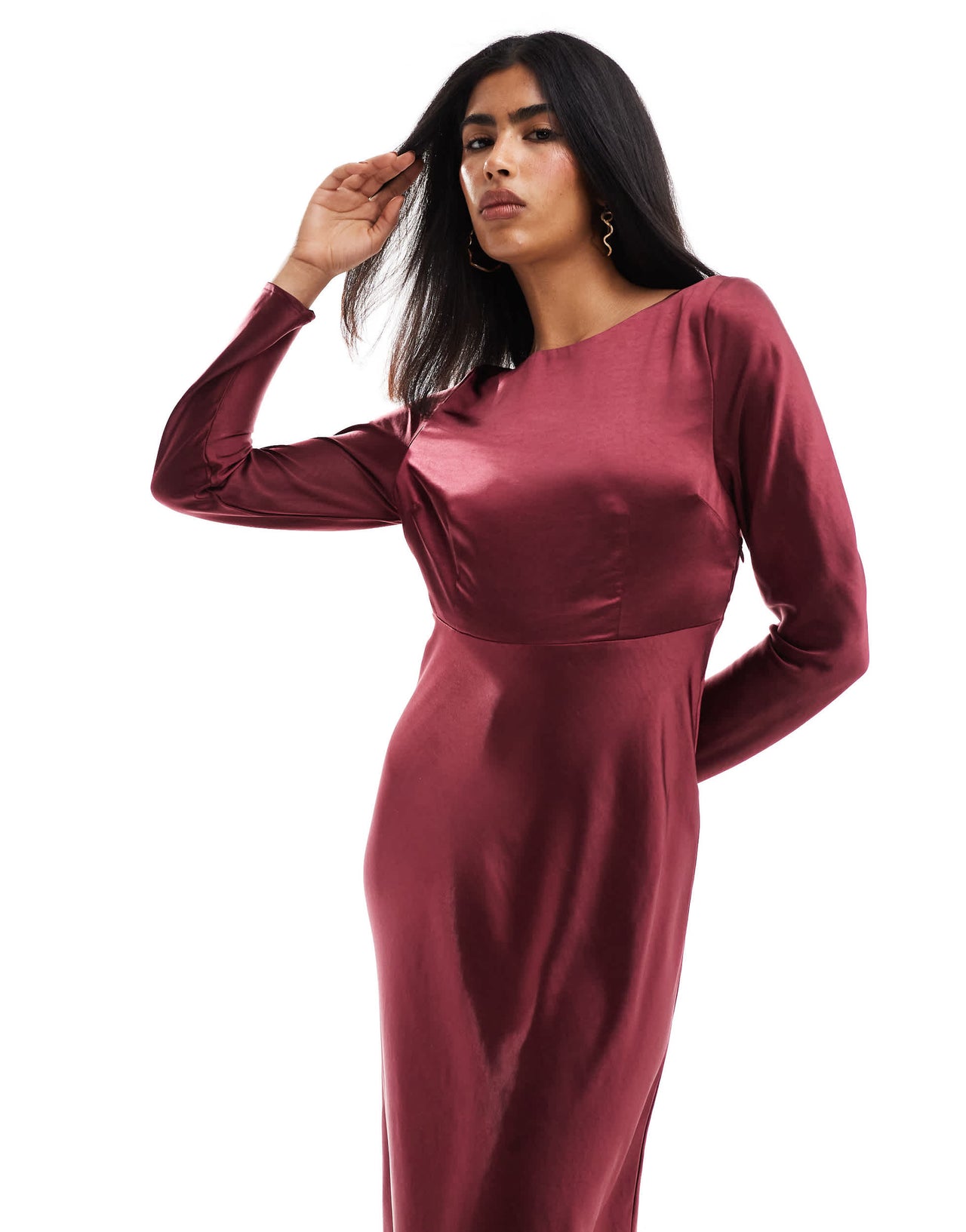Six Stories Bridesmaids long sleeve cowl back satin maxi dress in burgundy