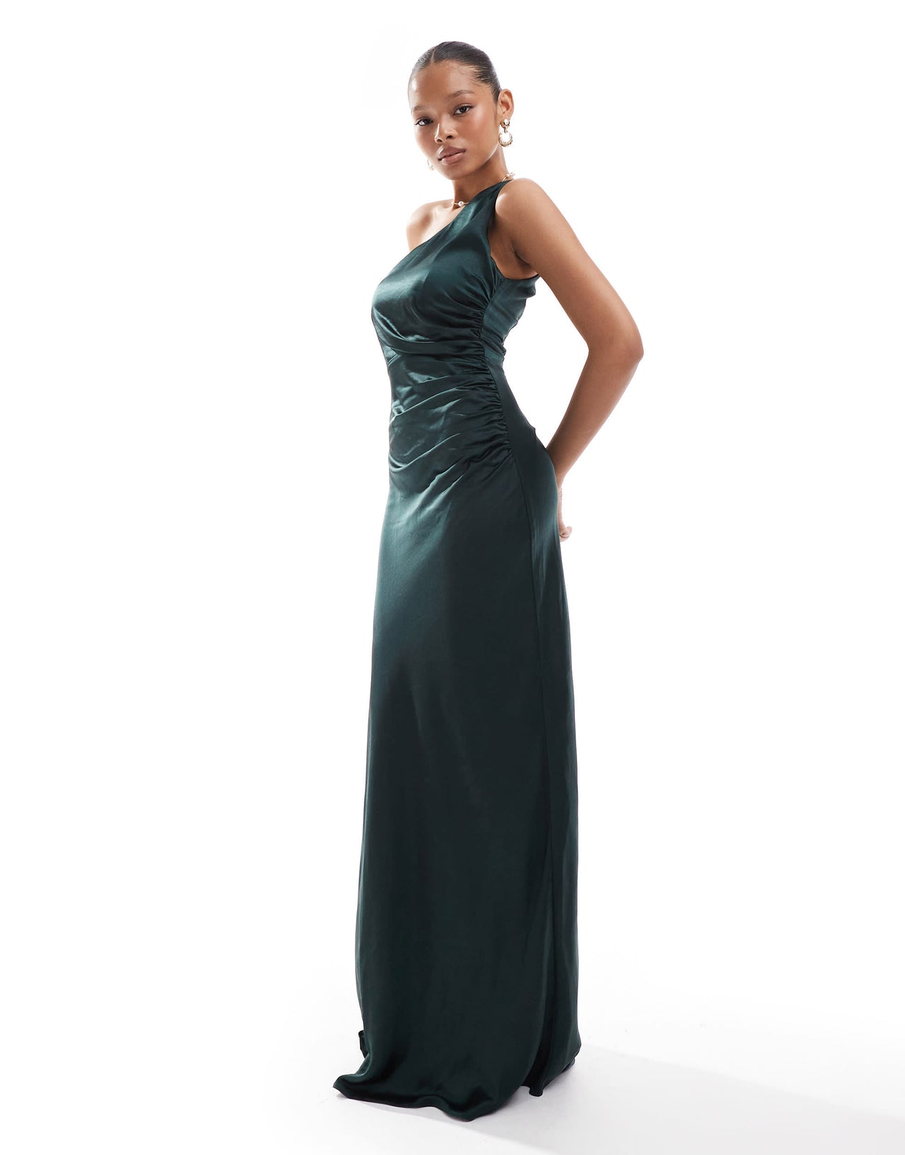 Six Stories Bridesmaids one shoulder satin maxi dress in emerald