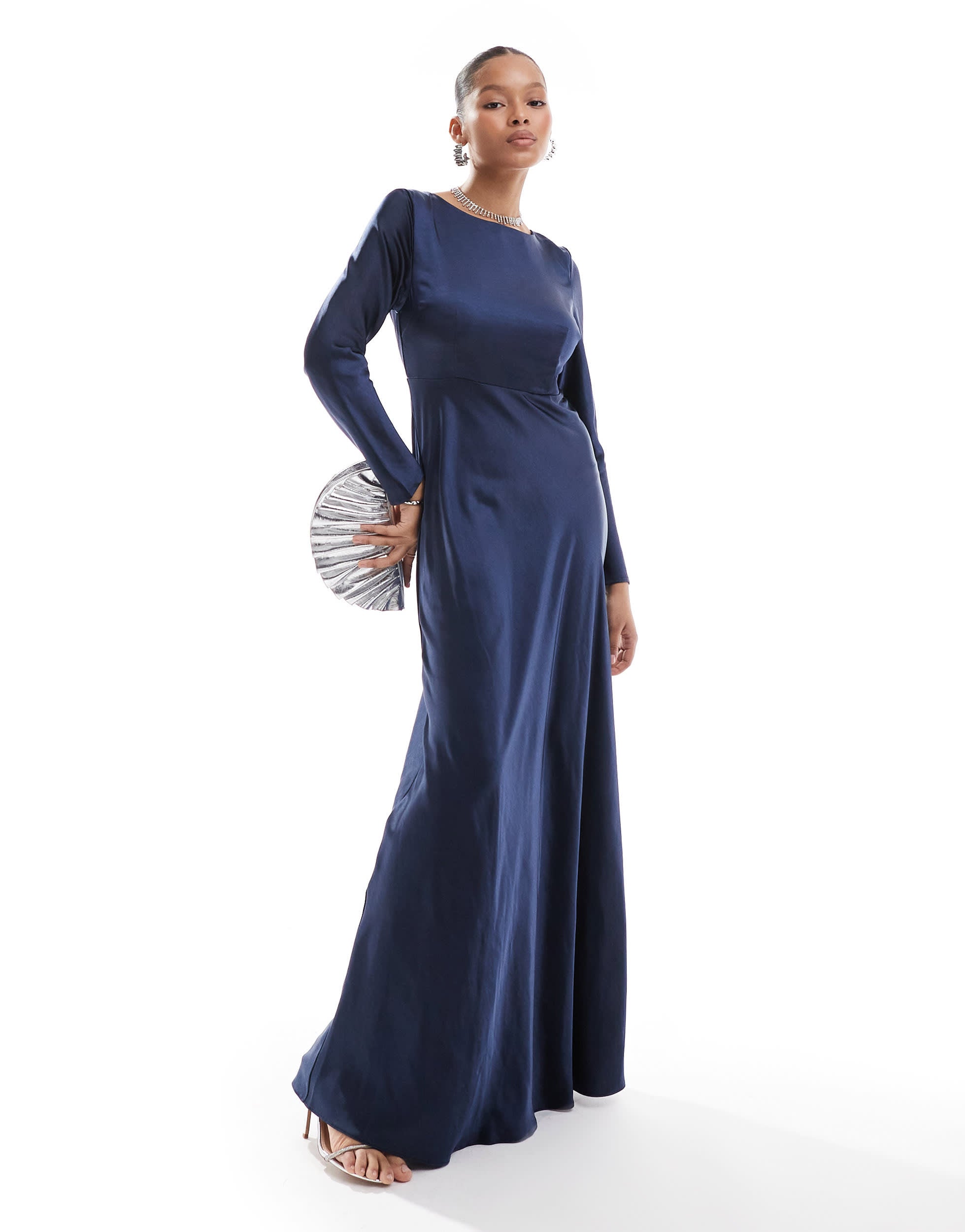 Six Stories Bridesmaids long sleeve cowl back satin maxi dress in navy