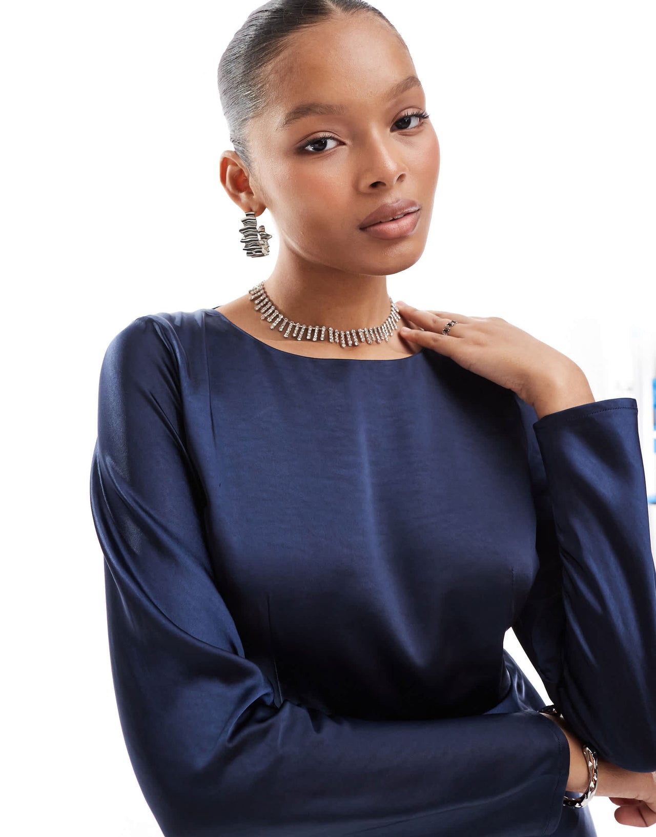 Six Stories Bridesmaids long sleeve cowl back satin maxi dress in navy