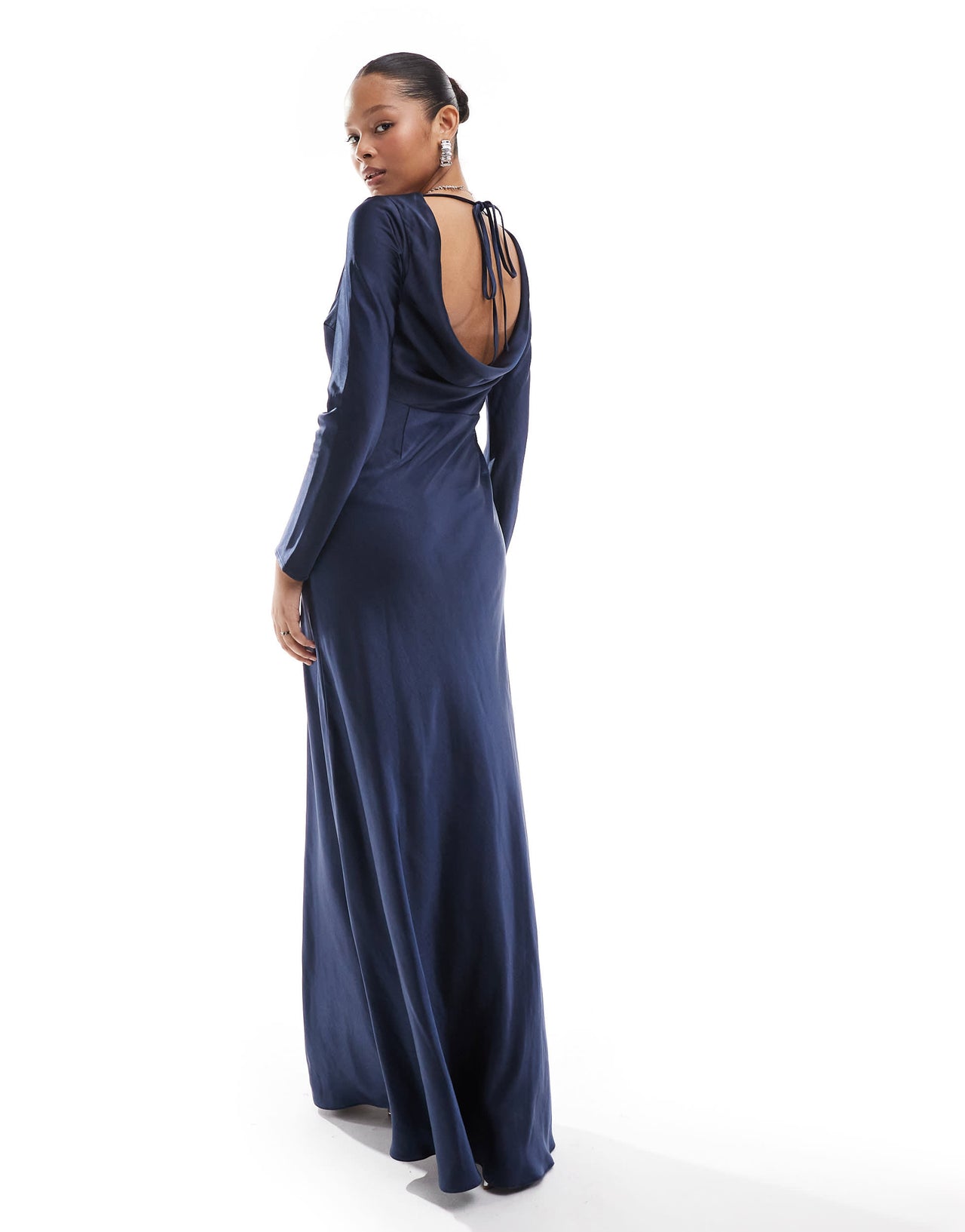 Six Stories Bridesmaids long sleeve cowl back satin maxi dress in navy