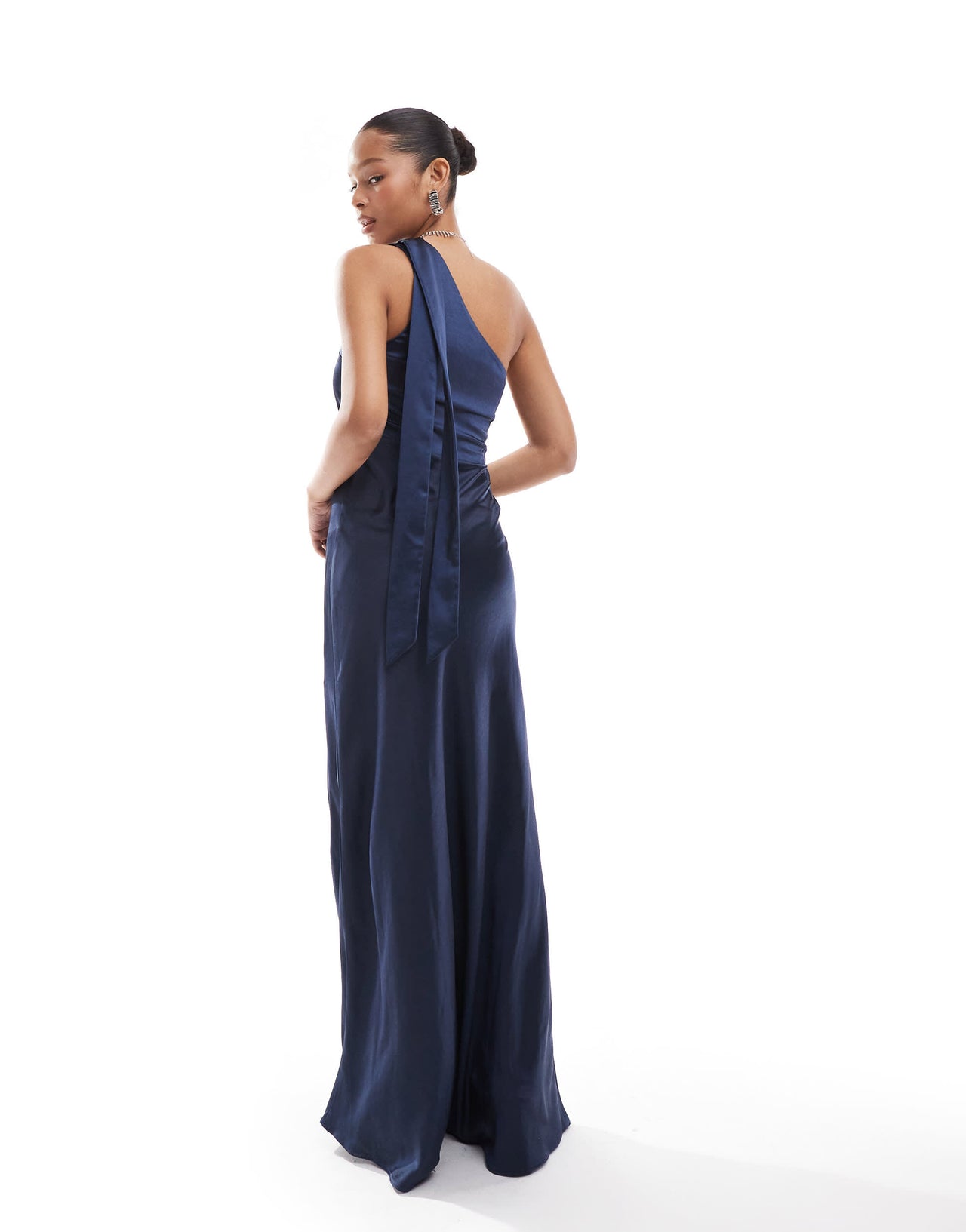 Six Stories Bridesmaid bow one shoulder satin maxi dress in navy