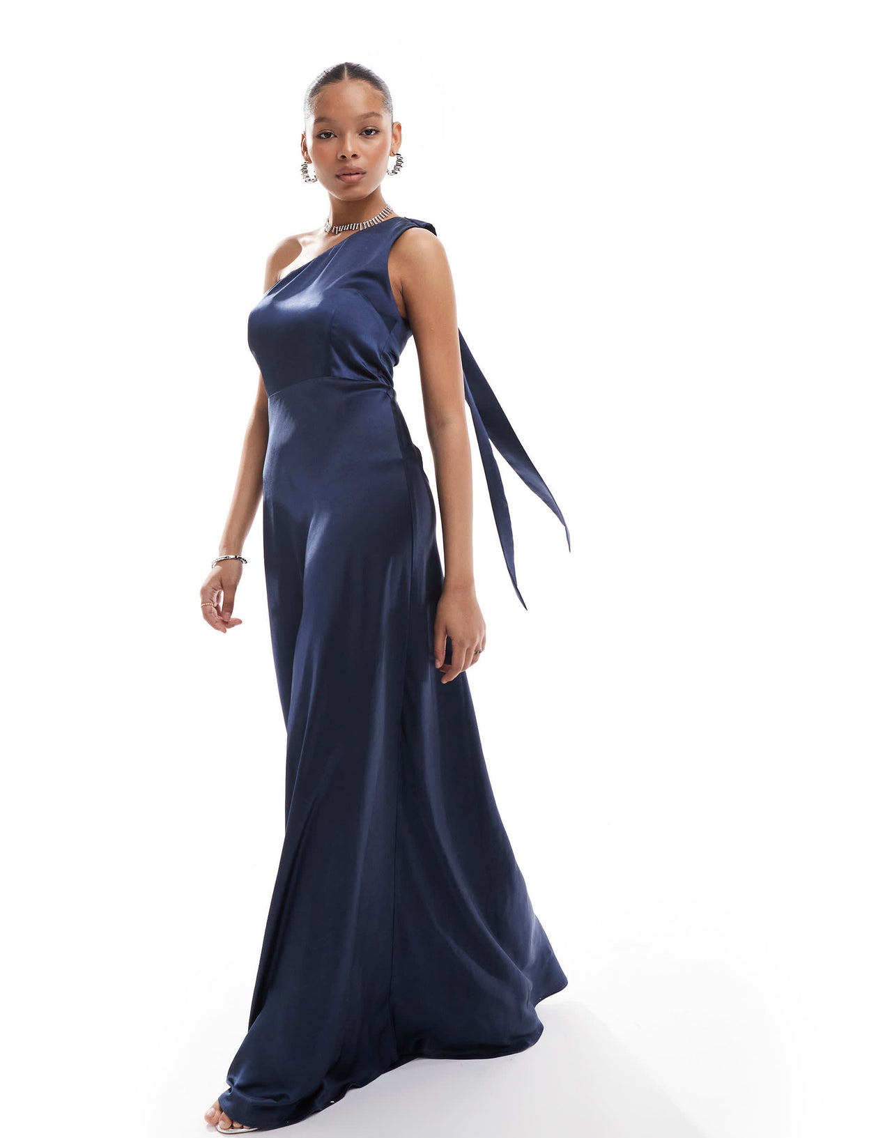 Six Stories Bridesmaid bow one shoulder satin maxi dress in navy