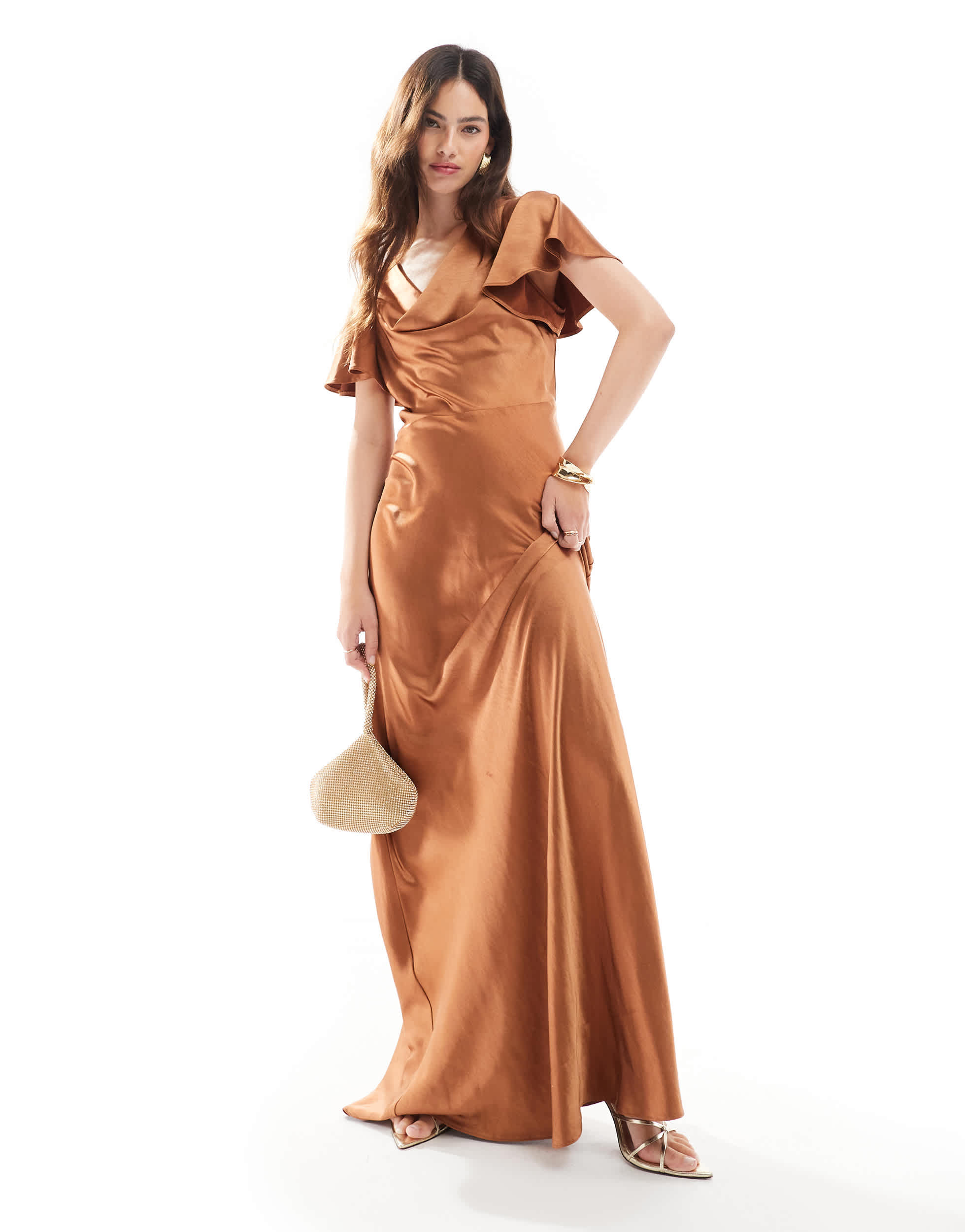 Six Stories Bridesmaids flutter sleeve satin maxi dress in rust